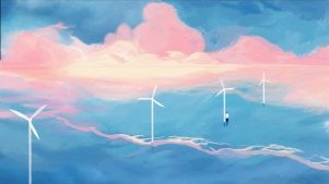 插画风车夕阳水傍晚唯美意境治愈治愈风景
