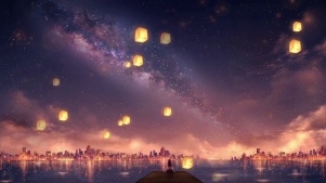 动漫风景城市夜景唯美星空孔明灯温馨画面治愈风景