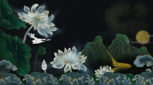 荷花中国风插画仙鹤浪花美好的夜晚月亮