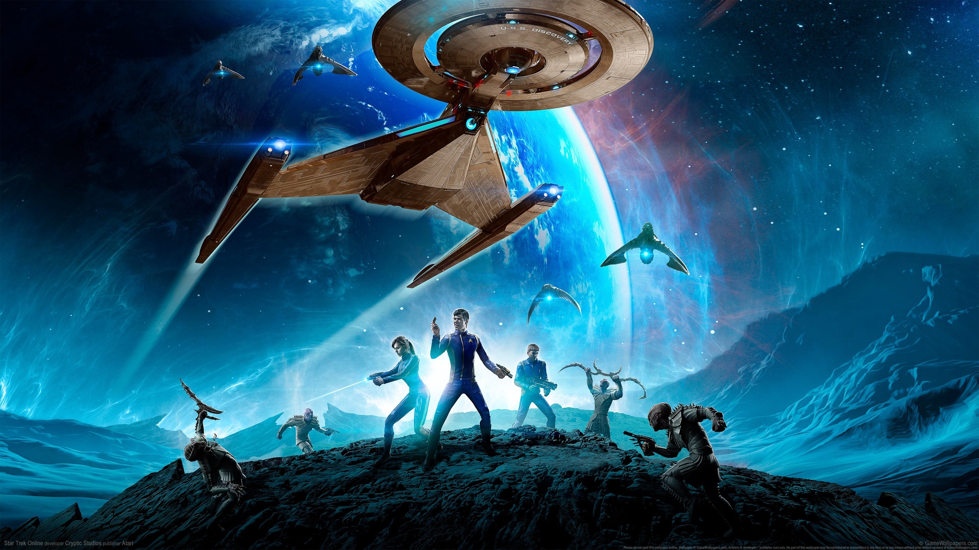 深空科幻场景，巨型碟形星舰悬浮于泛着辉光的行星前方，岩质地貌上分布多组对峙人员与飞行器