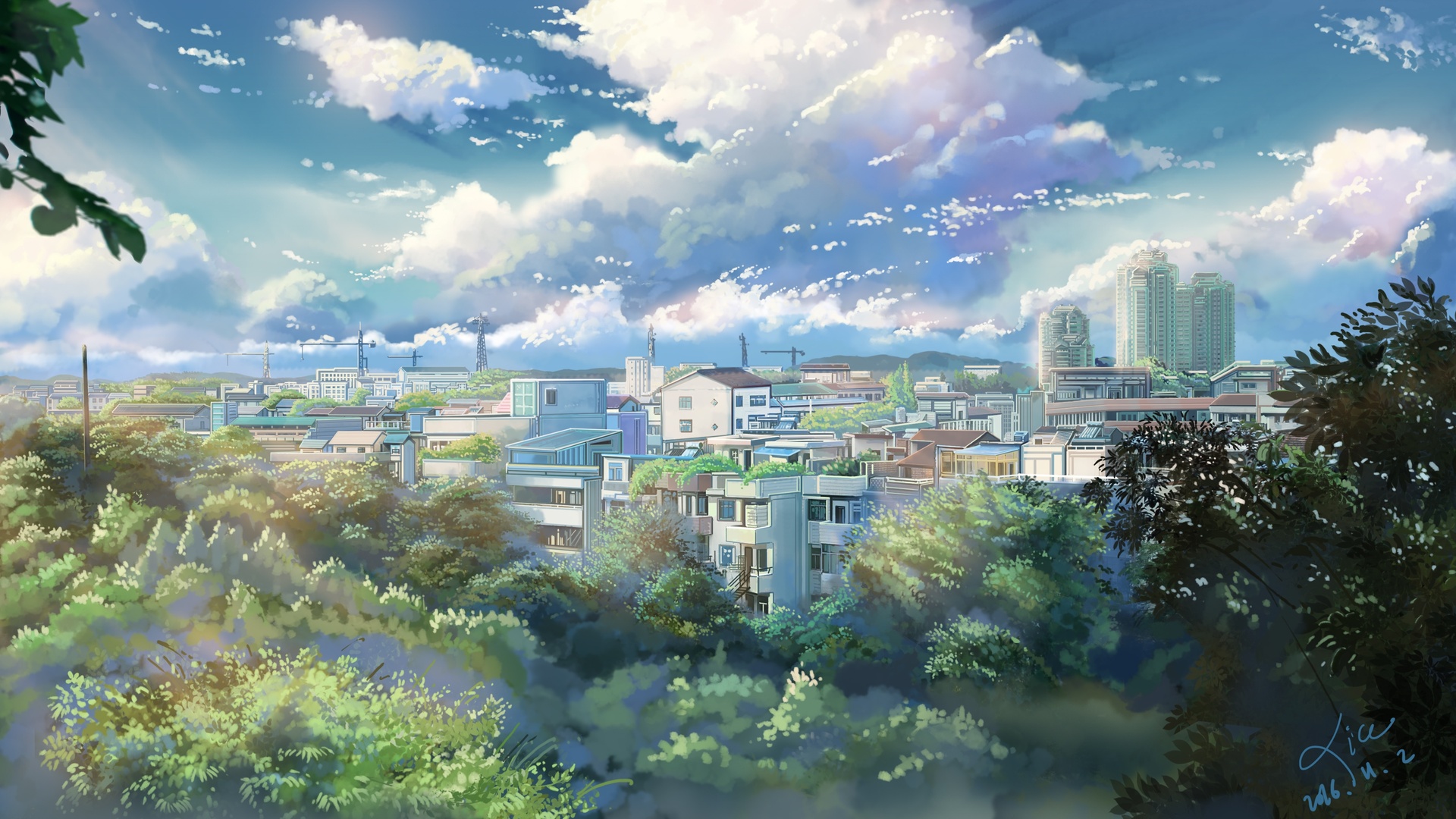 动漫插画里，俯瞰视角下的都市居民区坐落于鲜绿植被间，上方是飘着蓬松白云的晴朗蓝天。