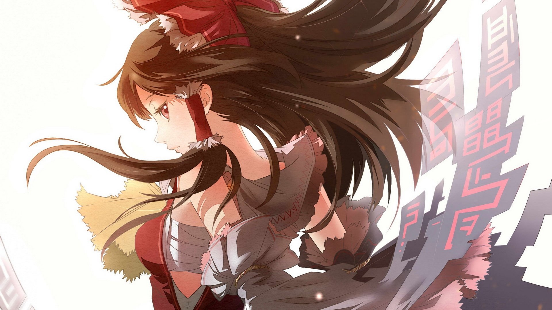 纯白背景上，博丽灵梦侧身侧颜朝向画面左侧，身着红白巫女服，头戴红色发饰，棕红色长发向右上方飘展，右侧散落半透明红色咒文符文。