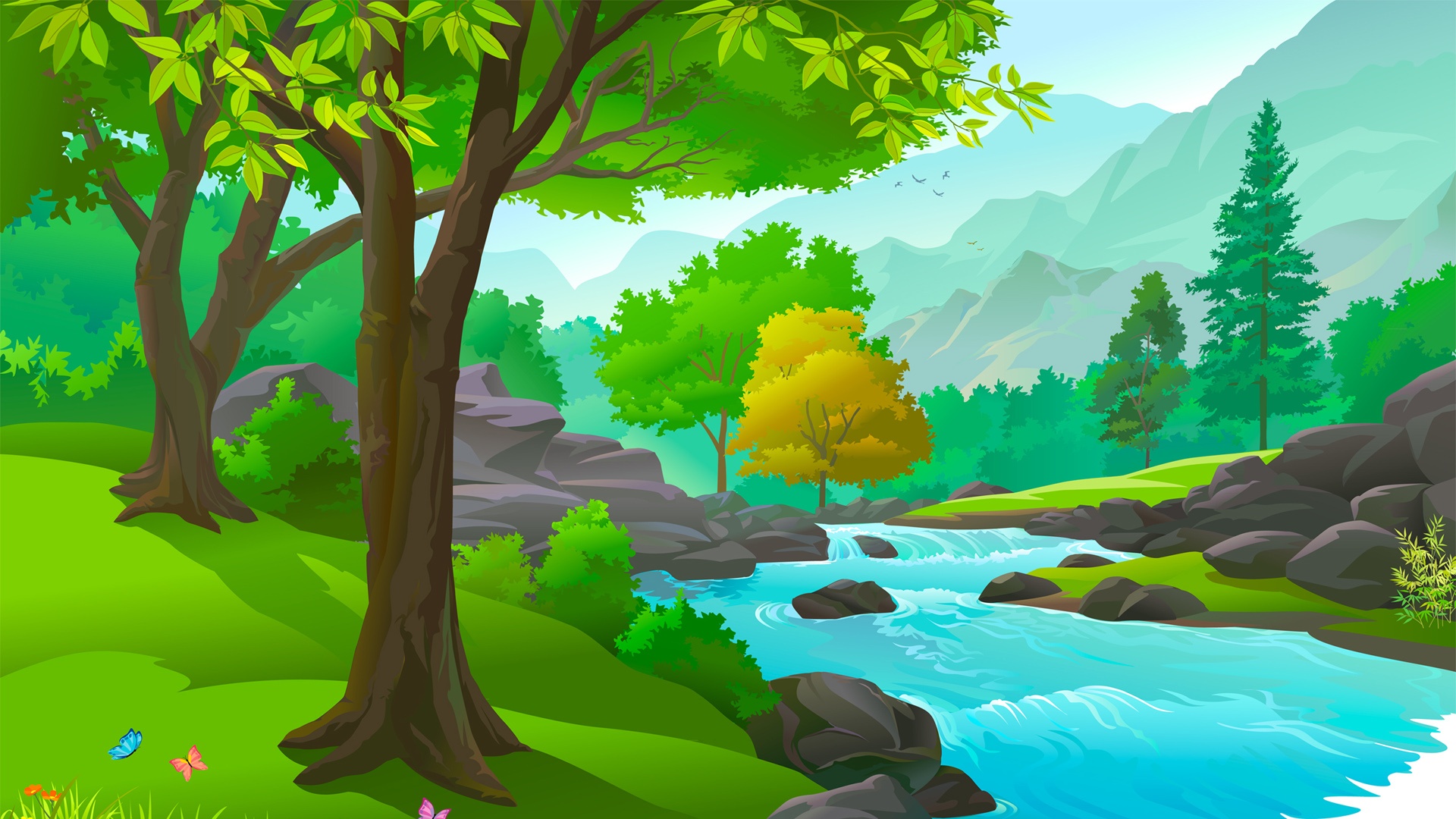 春天 树木 河流 山 石头 美丽的风景绘画桌面壁纸壁纸