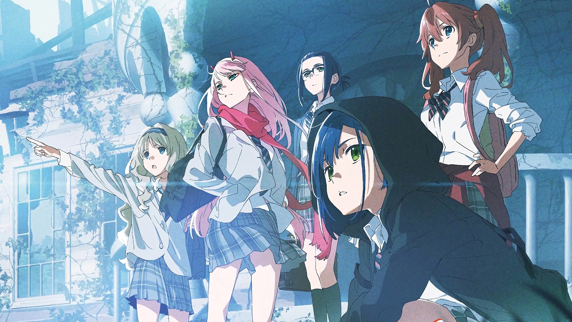 动漫《DARLING in the FRANXX》角色莓、未来、心、02等人身着水手校服，立于爬满藤蔓的废弃建筑空地，冷蓝调搭配粉色点缀。