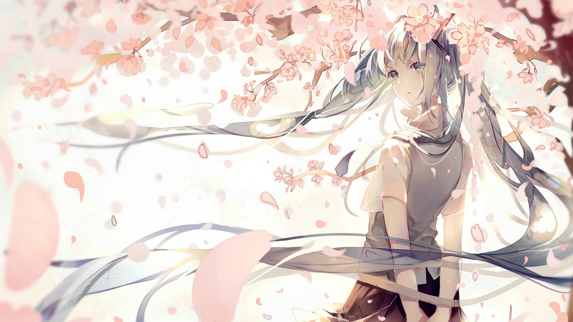 二次元插画中，初音未来身着带花卉纹样的浅蓝礼服，立于飘落的柔粉色樱花间，背景为淡粉色晴空，发梢与衣摆被微风拂动。