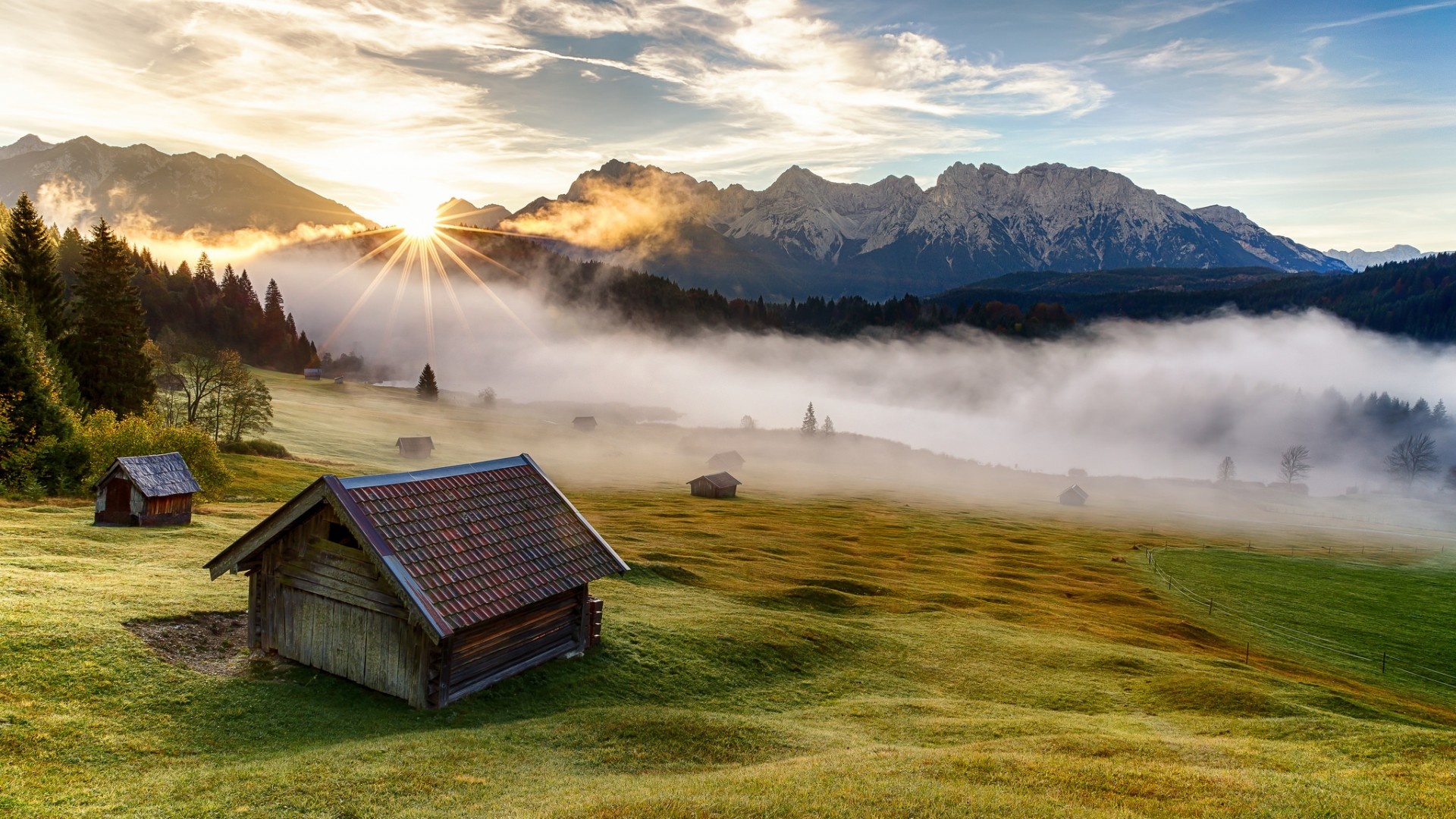 巴伐利亚山房子草地早上的风景壁纸壁纸