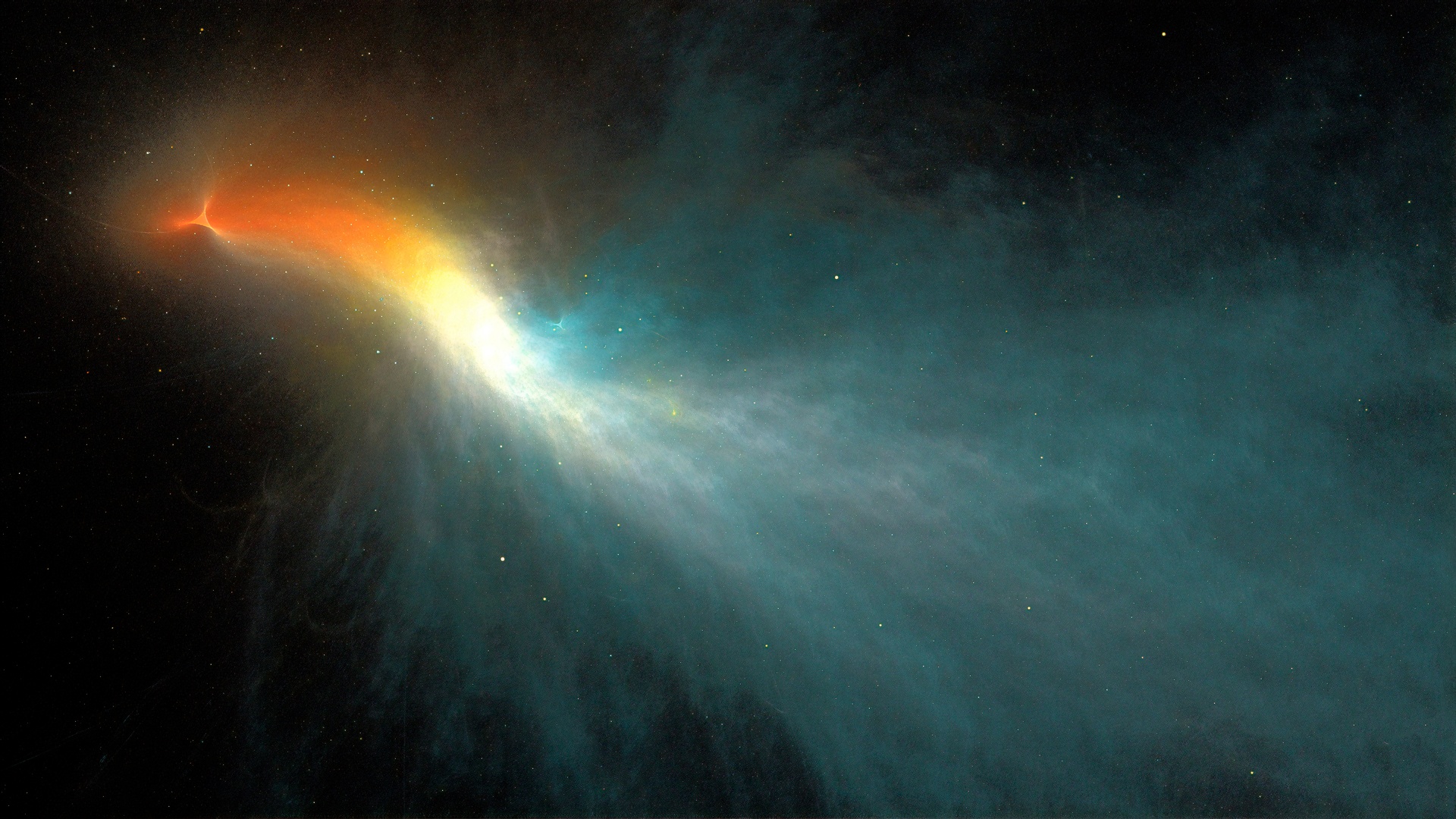 深空星空中斜向延展的渐变星云，色彩从橙红过渡到青蓝，散落细碎星点