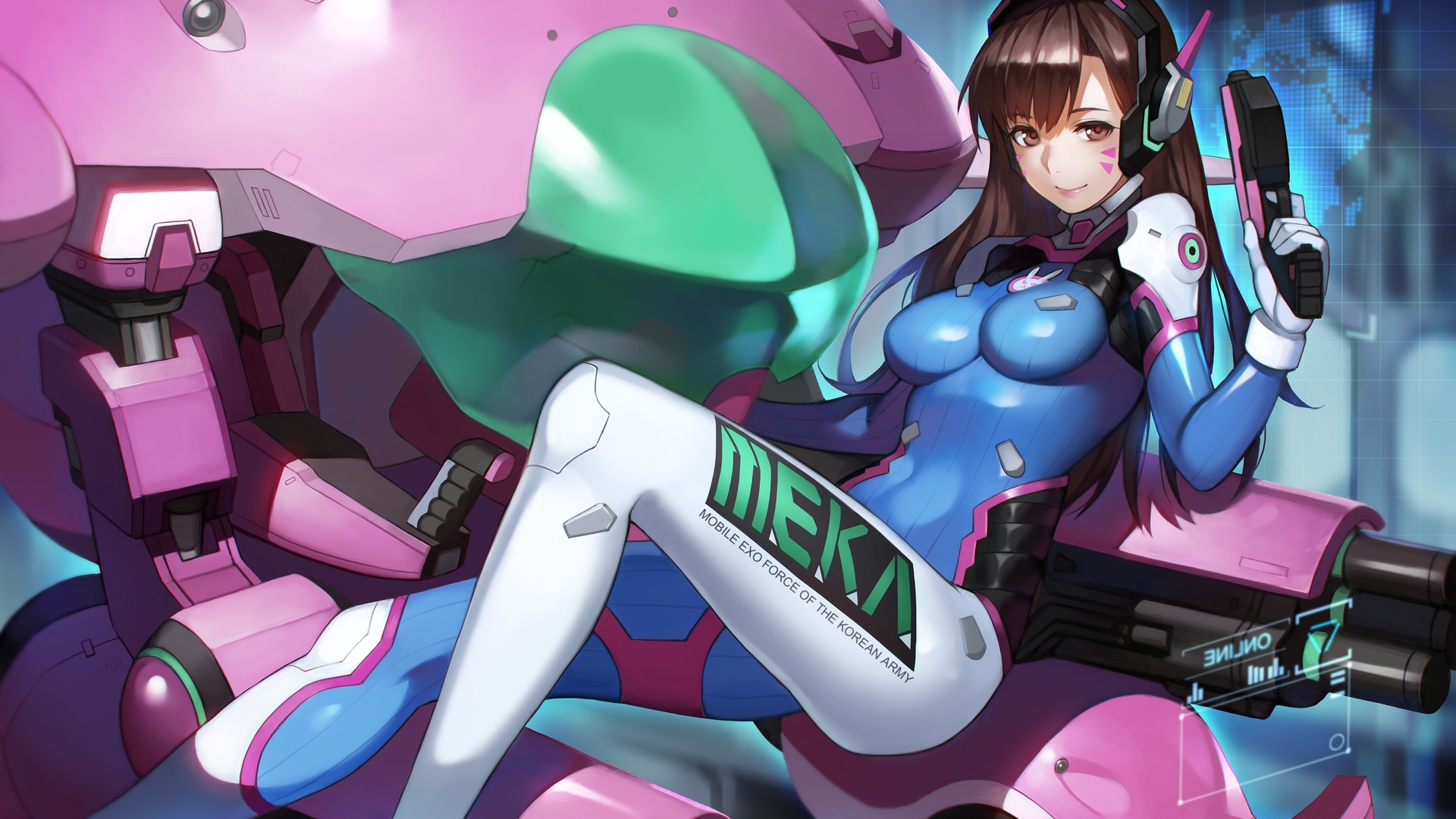 科幻机甲驾驶舱内，身着蓝白粉作战服、佩戴耳机的 D.Va 站在粉绿机甲旁，背景为蓝色星空与网格结构