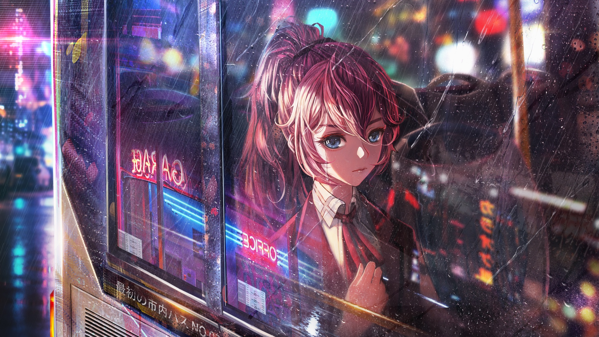 雨幕车窗后，红发马尾少女着红调制服，望向镜头，窗外霓虹光斑晕开。