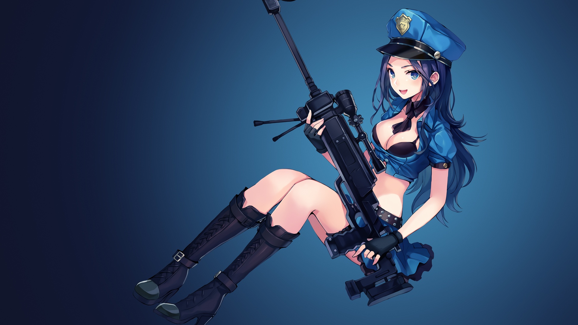 深蓝渐变背景的日系二次元插画，右侧是身着女警制服、手持大型狙击步枪的女性角色，左侧留有大面积留白空间。