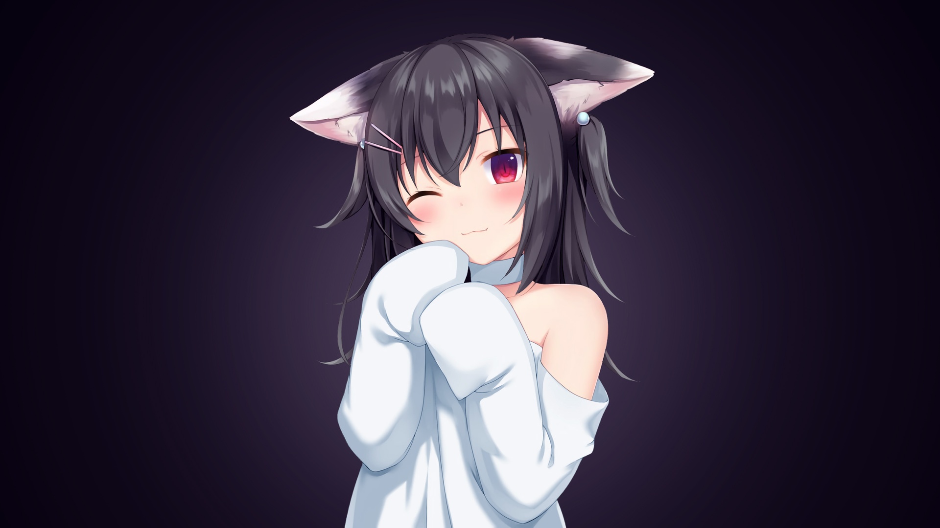 黑发动漫猫耳少女穿宽松白衣，在深紫渐变背景前眨眼微笑