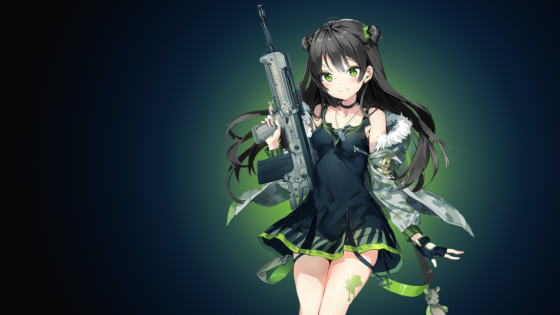 日系二次元武装少女，绿瞳，扎双马尾，身着黑绿配色作战装束，手持突击步枪，背景为暗深蓝到亮绿的渐变。
