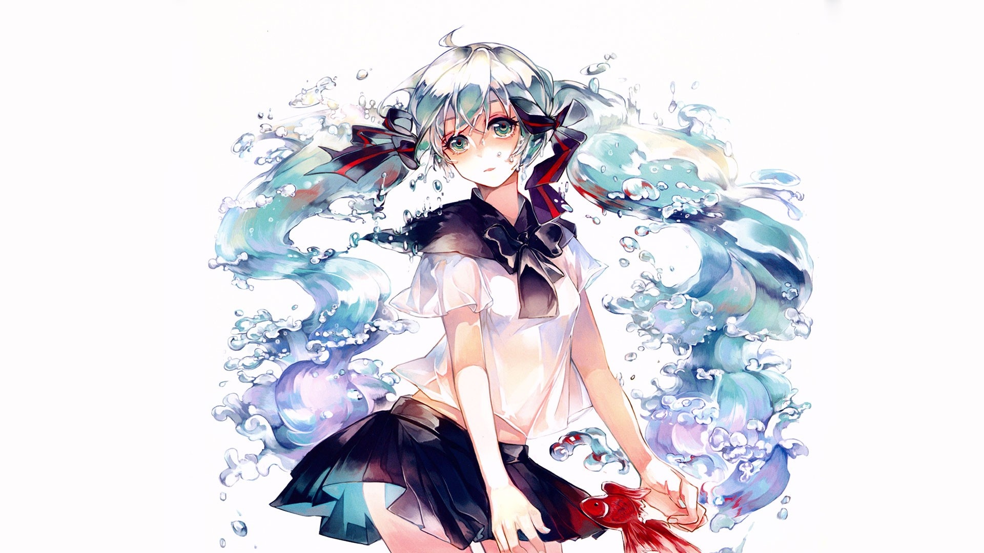 水彩手绘风格的初音未来，浅蓝水流形态的双马尾，身着白短衬衫与黑百褶裙，手握红色金鱼，背景为纯白。