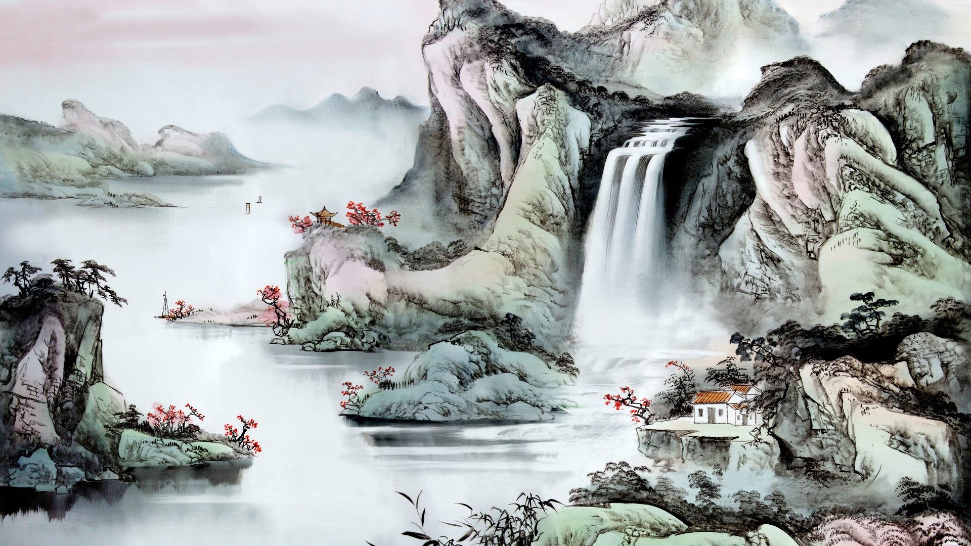 黑白水墨风格画面，陡峭层叠山崖间瀑布倾泻而下，下方是开阔平静的江面，岸洲点缀着鲜红色花枝，水面零散分布着小舟。