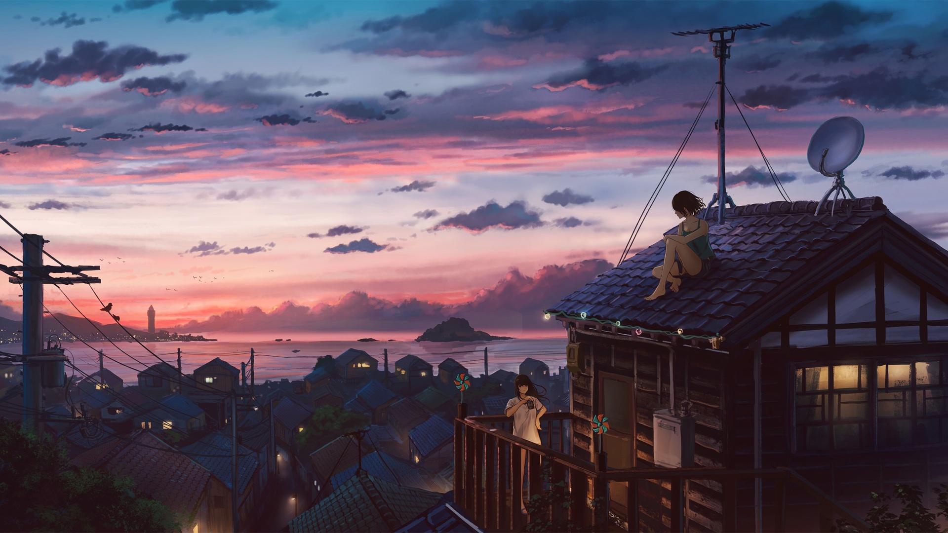 海边的小镇 坐在屋顶的女孩 唯美动漫风景壁纸壁纸