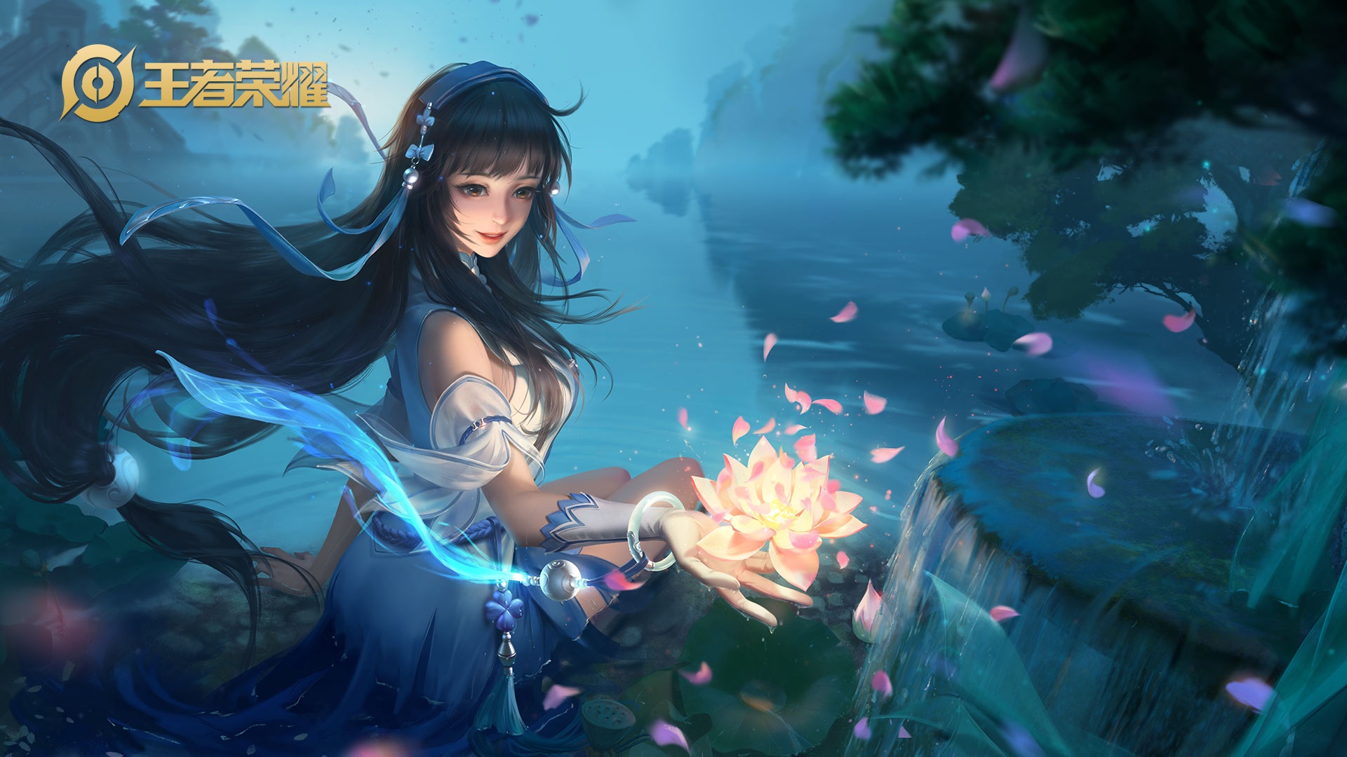 蓝调河畔浅滩旁，身着蓝白古风服饰的西施托举着悬浮发光粉莲，水面散布粉色花瓣，整体为朦胧雾霭水景的厚涂插画。