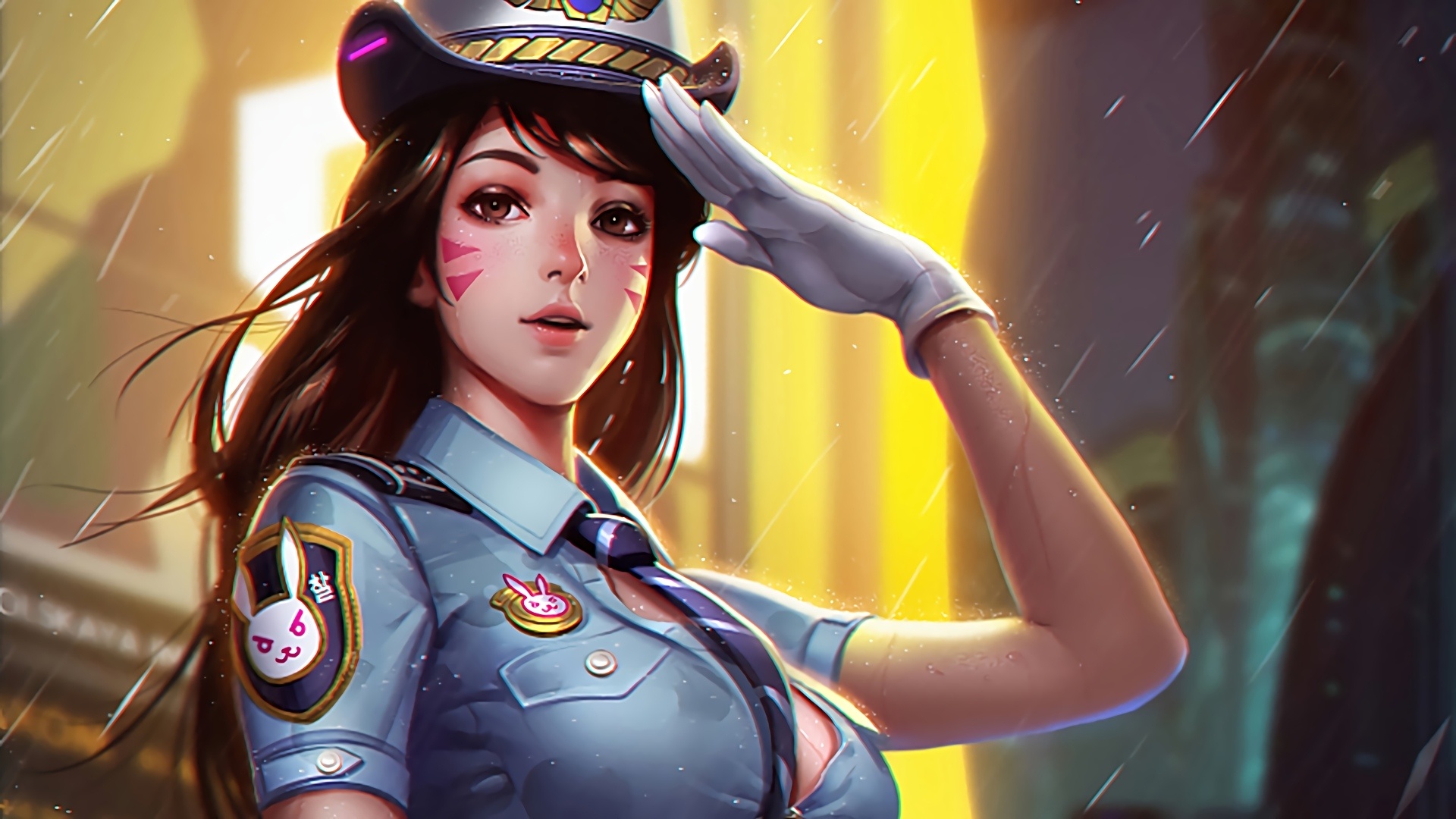 二次元插画中，宋哈娜身着浅蓝色警服敬礼，脸颊带有标志性粉色猫须状面纹，警服上配有兔形徽章，背景是雨夜朦胧的暖黄色都市街景。