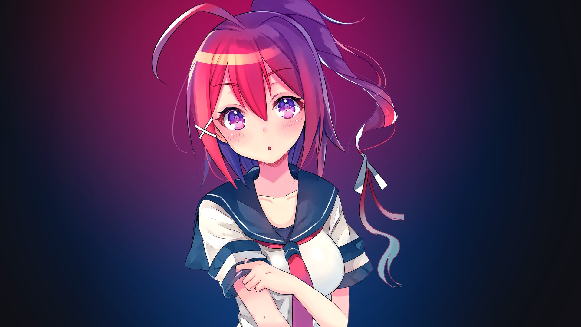 日系赛璐璐风格插画，粉紫渐变长发的少女身着藏青领白袖水手服，身处深酒红向藏蓝过渡的柔化渐变纯色背景中。