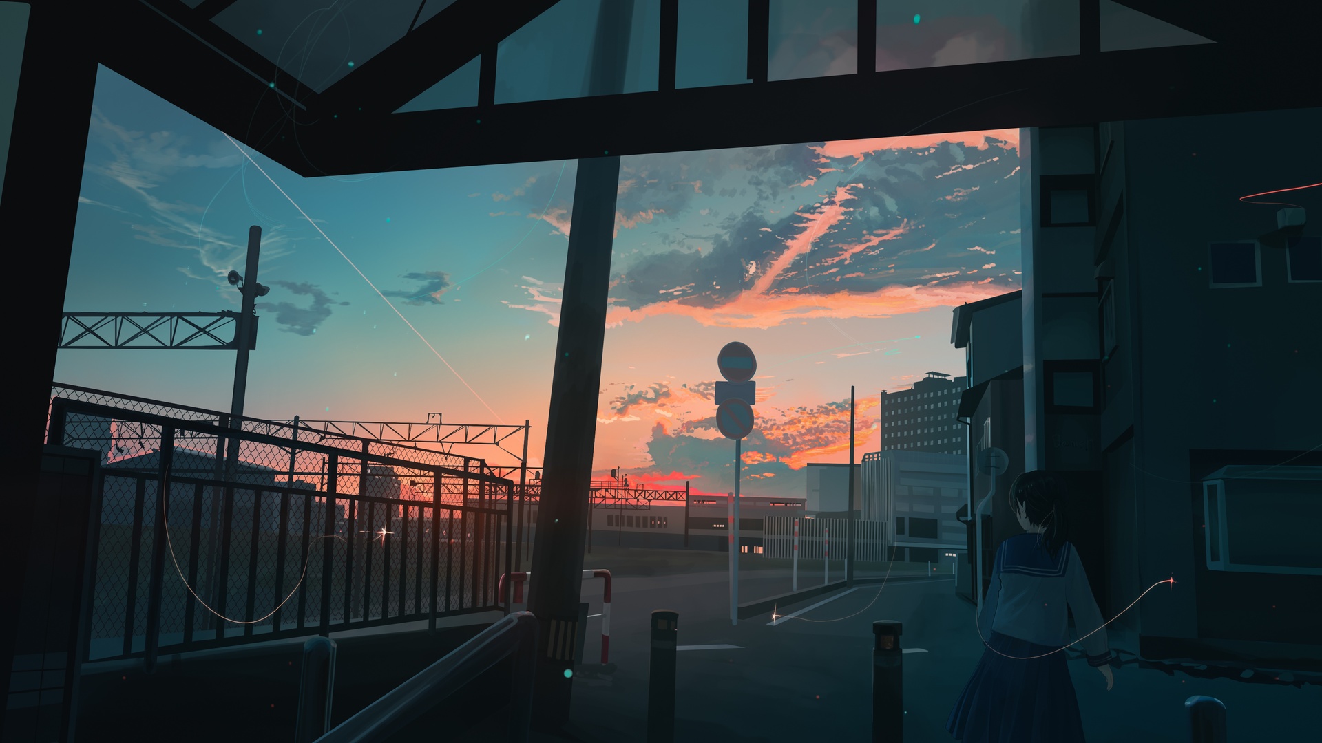 城郊铁路旁街道的日落黄昏场景，天空晕染橙蓝交融的暮色，右下角立着背对镜头的水手服女学生。