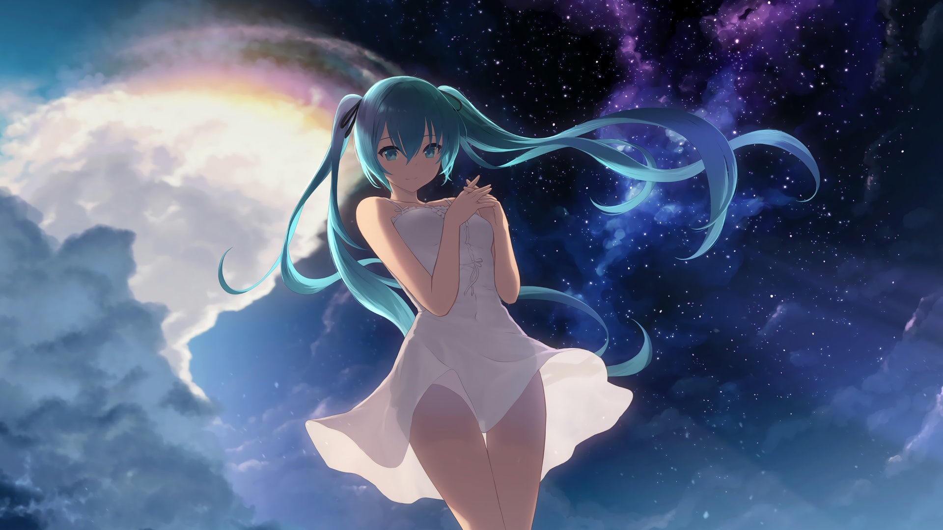 青蓝色双马尾初音未来身着白色吊带短裙，站在布满繁星的蓝紫色星空与云海间，夜空缝隙透出暖光晕光，为二次元日系插画。