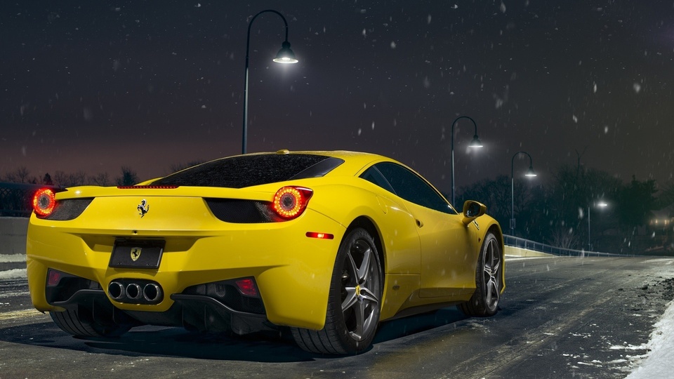 法拉利 458 黄色 超级跑车 雪后 道路 路灯 法拉利 壁纸壁纸