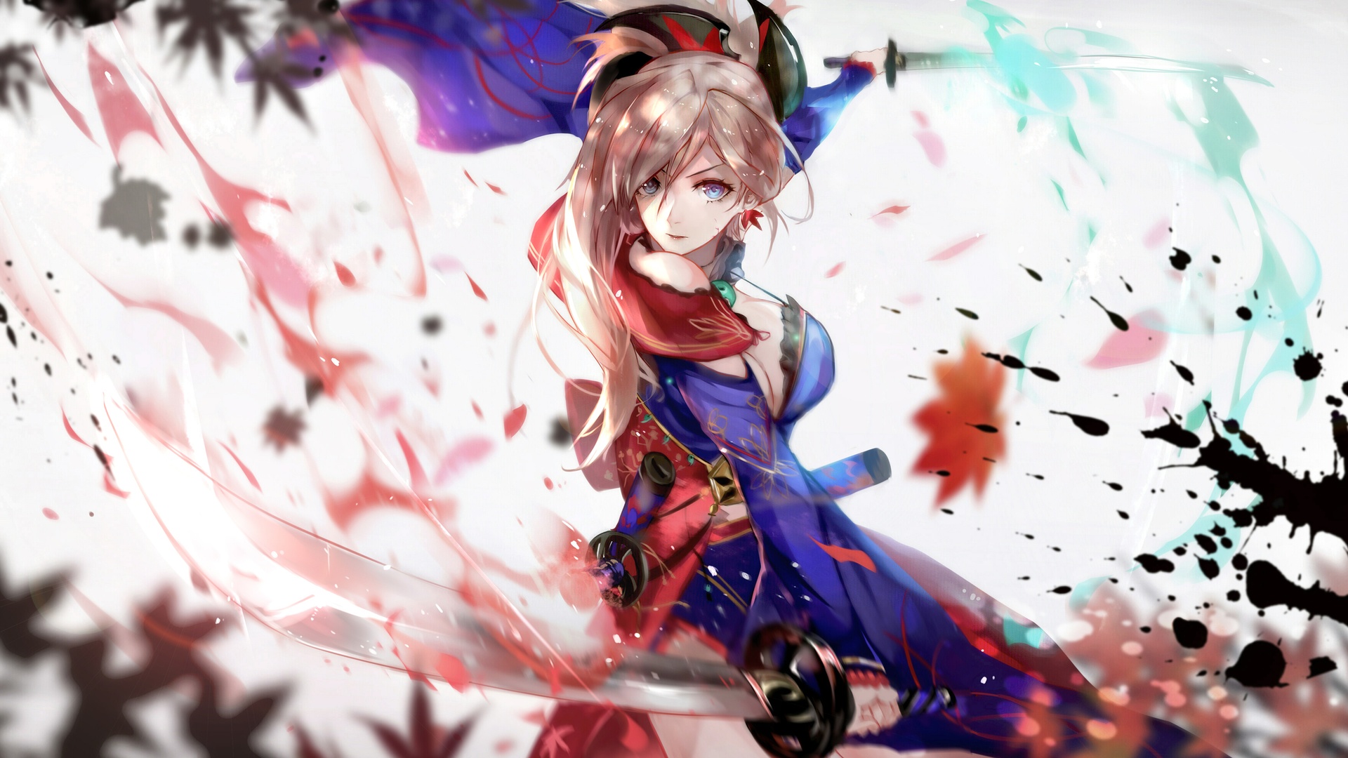 Fate系列宫本武藏以战斗姿态摆出，身着带浅金饰纹的宝蓝色和服，手持双太刀，刃间晕开红、青双色刀光，背景搭配水墨墨点与红枫叶装饰。