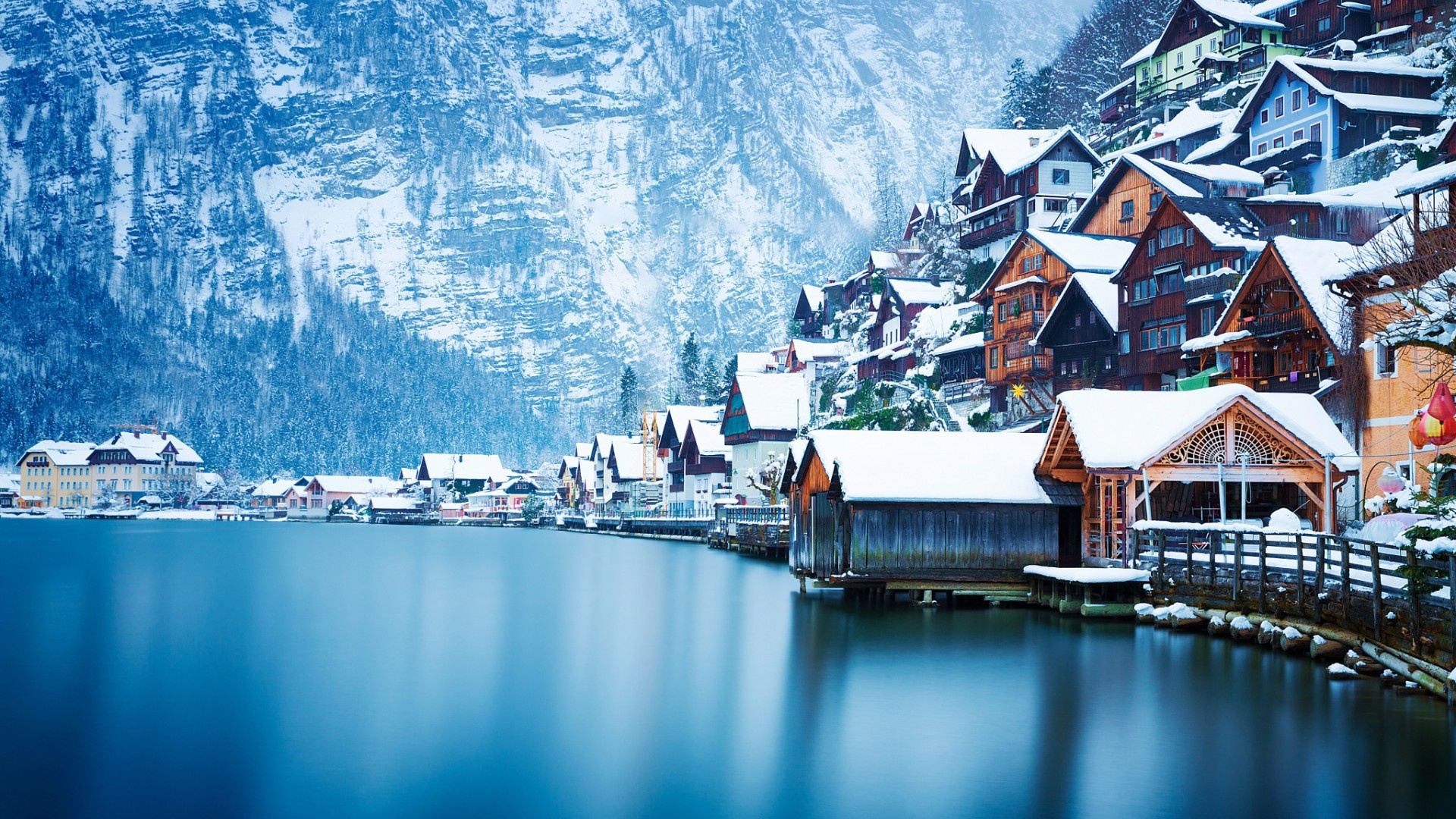 自然景观 风景名胜 奥地利 哈尔施塔特 山 湖 雪 冬天的风景桌面壁纸壁纸