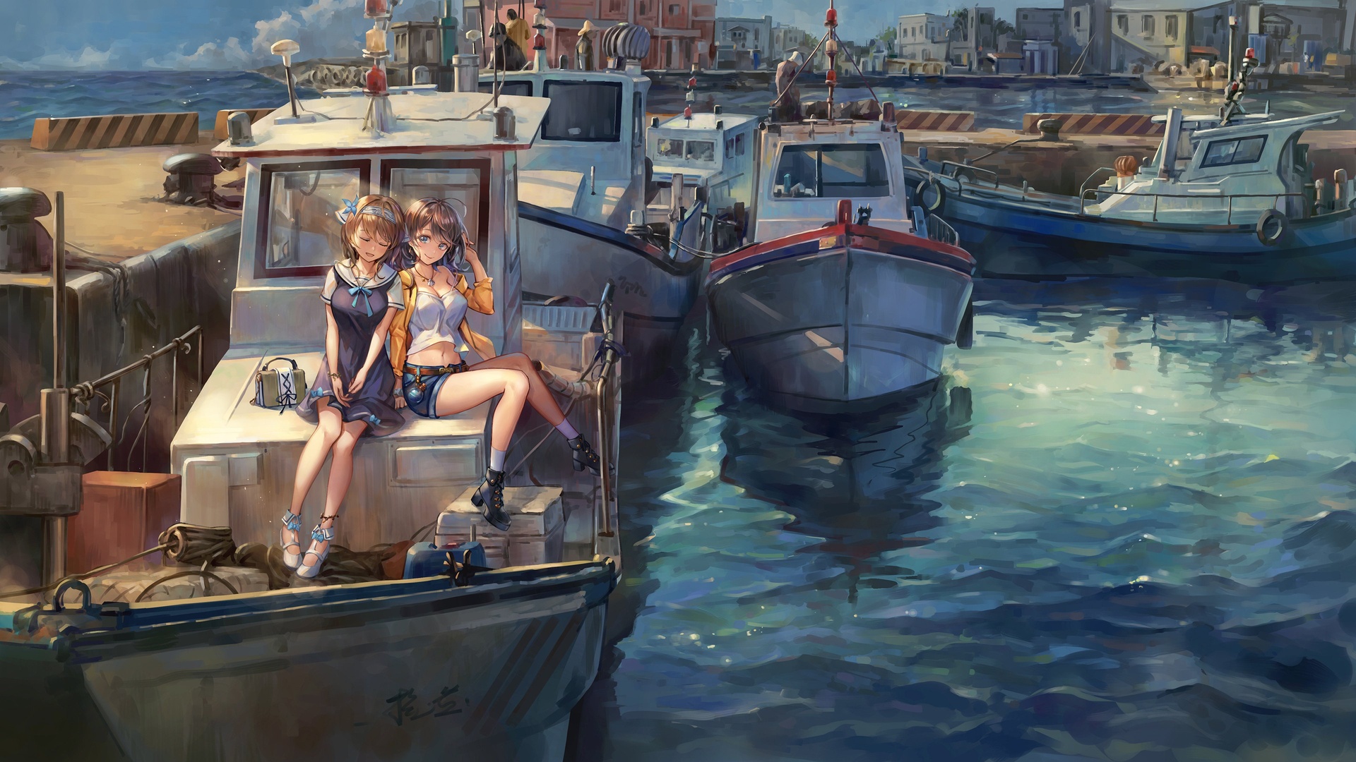 厚涂风格动漫插画，两名动漫少女坐在渔港停靠的渔船船头，背景是蓝绿色海面、连片停泊的渔船与沿岸港区建筑。