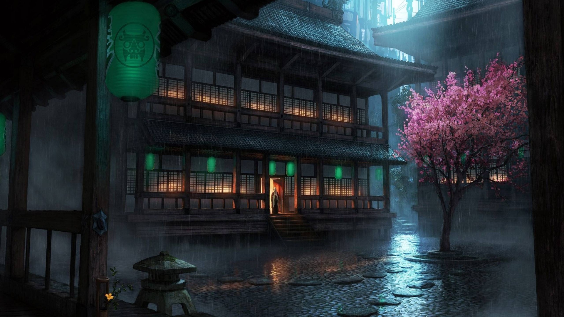 雨夜中的两层日式木构古建旅馆，地面积水反射灯光，右侧立着满开的粉紫色樱花树，远景隐约可见现代赛博都市高楼轮廓，冷青暗调搭配窗内暖黄灯光。