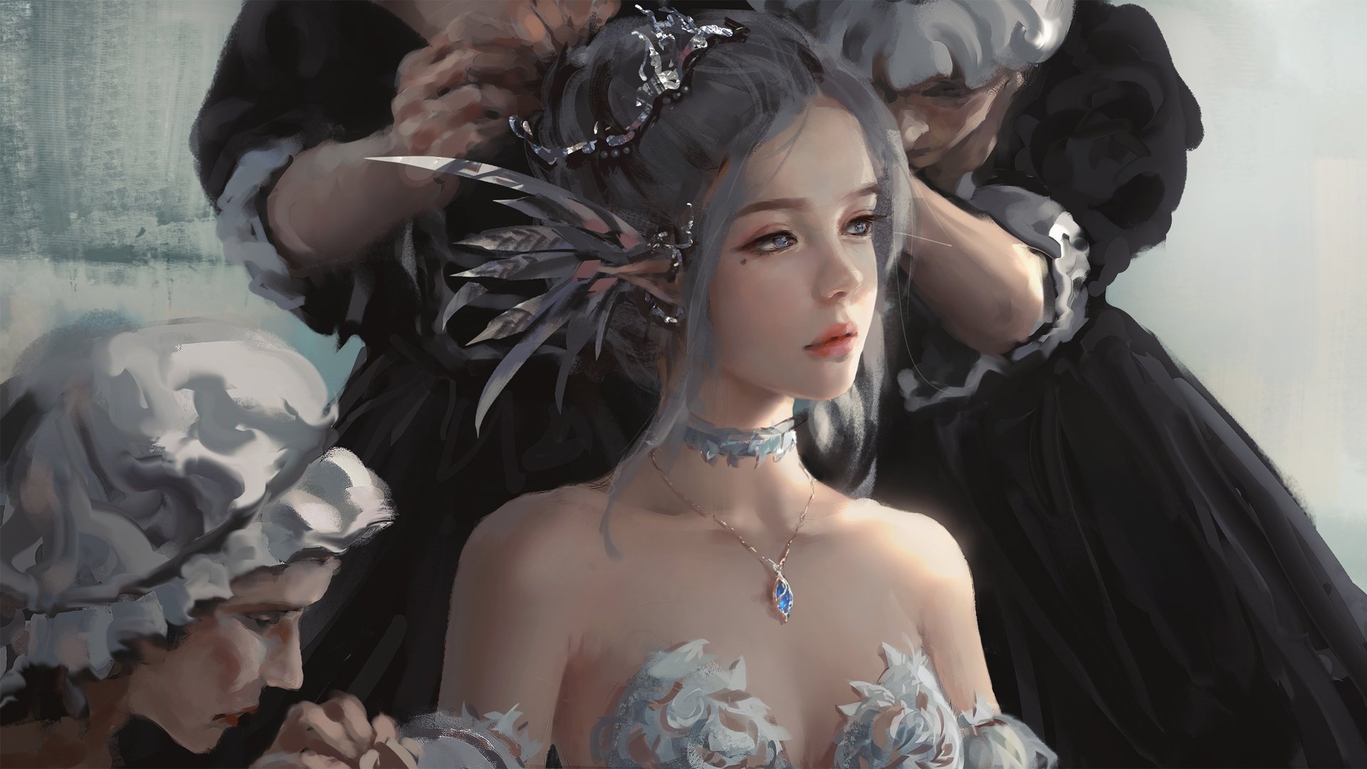 厚涂二次元插画，银发尖耳的冰公主海琴烟身着黑银镶钻白裙居中站立，两侧立着黑衣侍从，整体为冷灰白色调。