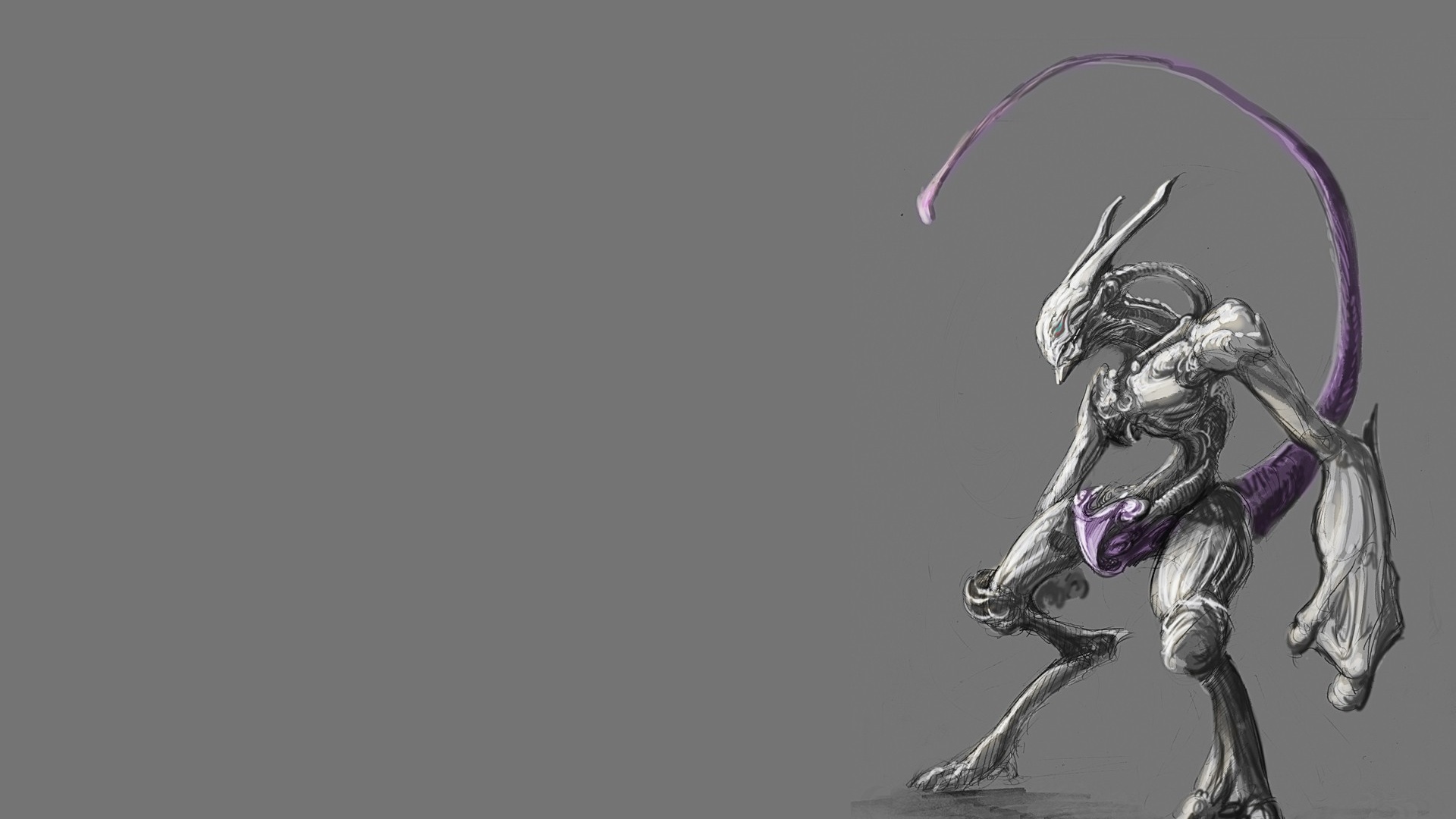 纯灰色背景的手绘素描壁纸，画面右侧是机械装甲质感的机甲超梦，银白躯体搭配紫色长尾与眼部装饰，线条硬朗富有科幻感。