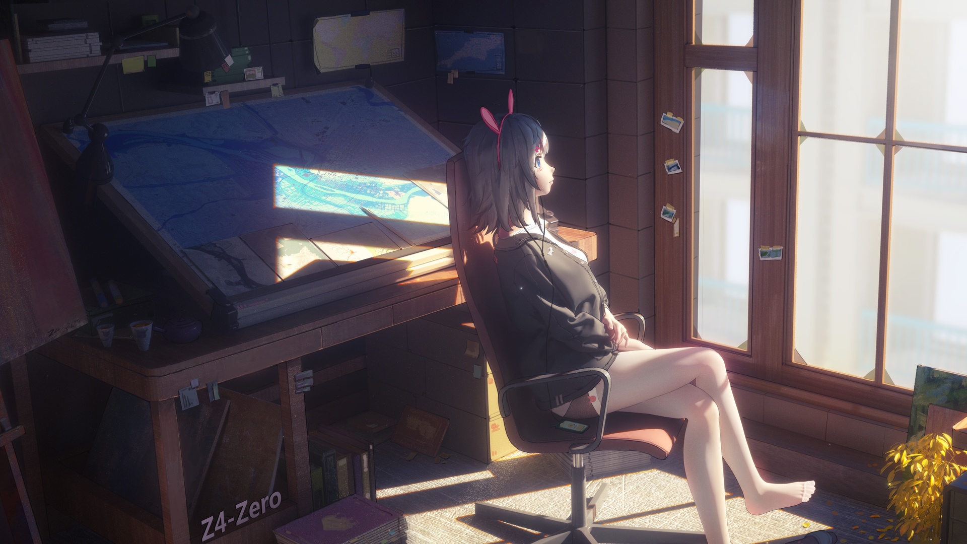 室内书房场景，头戴粉色兔耳发饰的少女坐在办公椅上，旁侧是斜置的大型制图绘图桌，暖金色夕阳光从窗户斜射入室内。