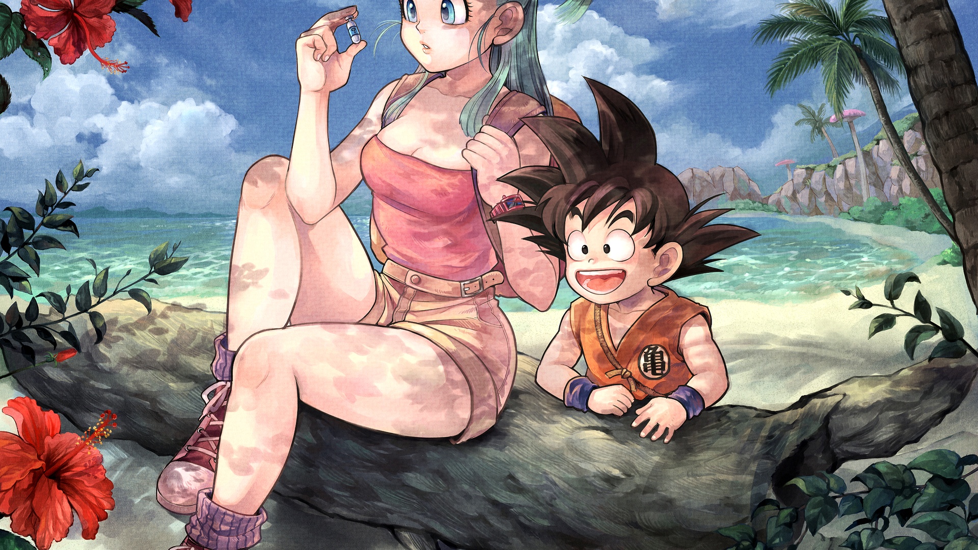 手绘水彩风格的龙珠动漫画面，幼年孙悟空与布尔玛位于热带沙滩上，周边环绕着盛开的红色扶桑花，背景是棕榈树、翻涌的海浪与飘着白云的蓝天。