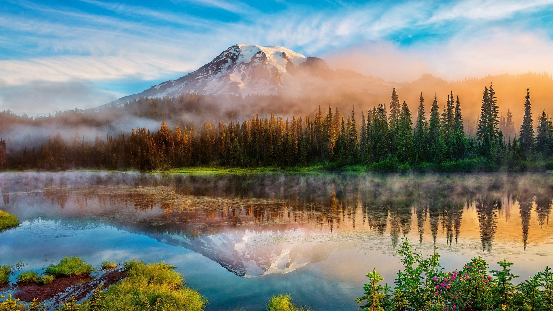 风景 自然景观 雷尼尔山 瀑布 山脉 山川 风景大片壁纸(风景静态壁纸)