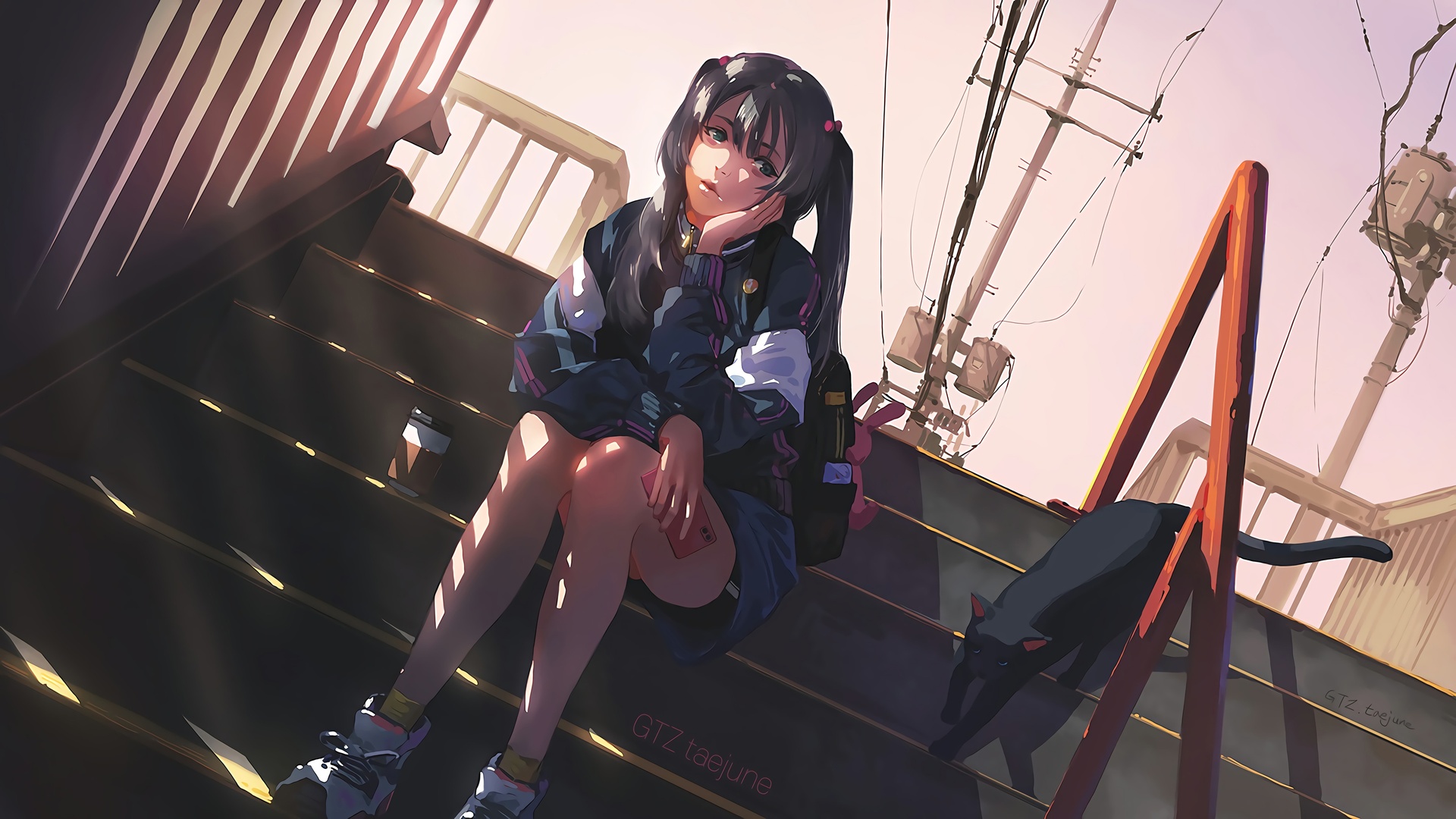 日系厚涂插画，双马尾JK制服少女托腮坐在深色石阶上，身旁蜷着一只黑猫，暖橙黄昏夕照洒在人物与台阶上，背景是浅粉天空与虚化的远处城市。