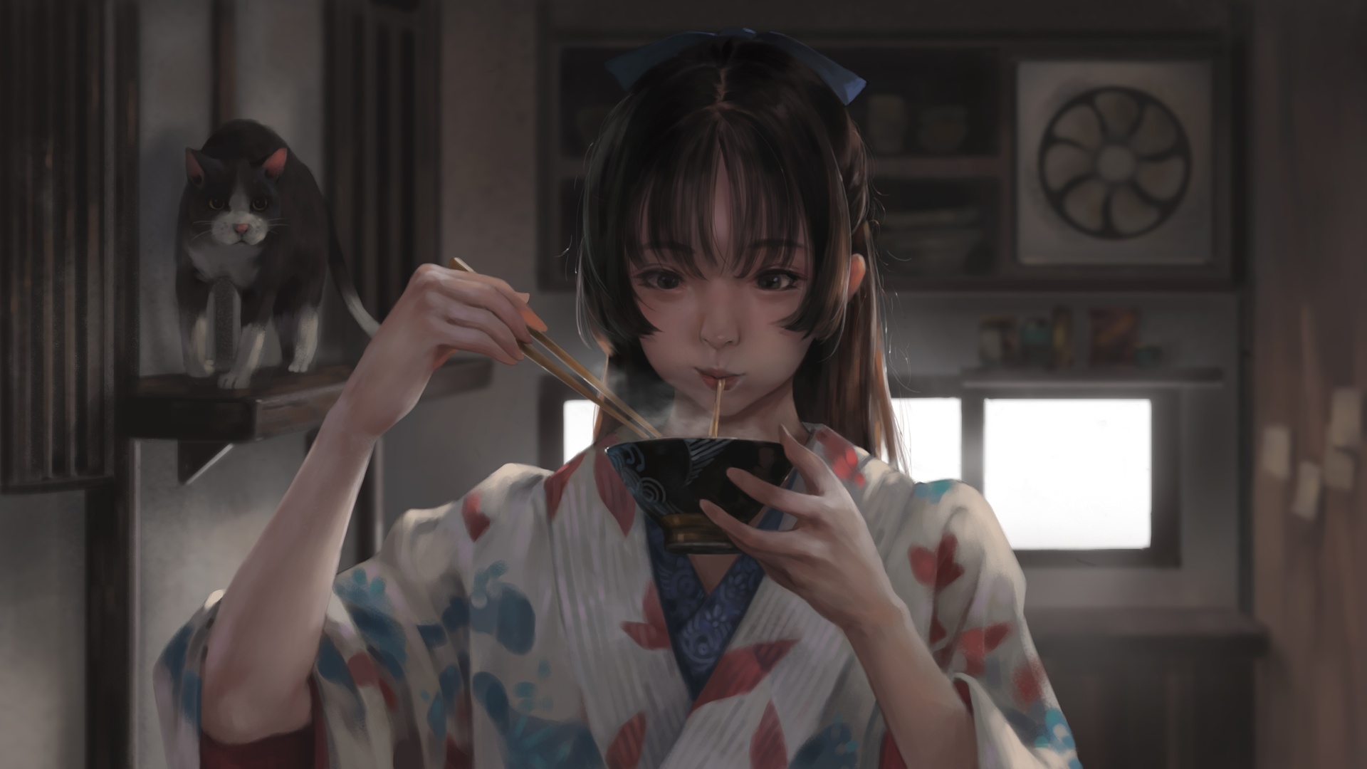 暖调日式民居室内，身着淡蓝印花白底色浴衣的少女正用木筷挑起碗中面条进食，左侧置物架上卧着一只黑白花色短毛猫。