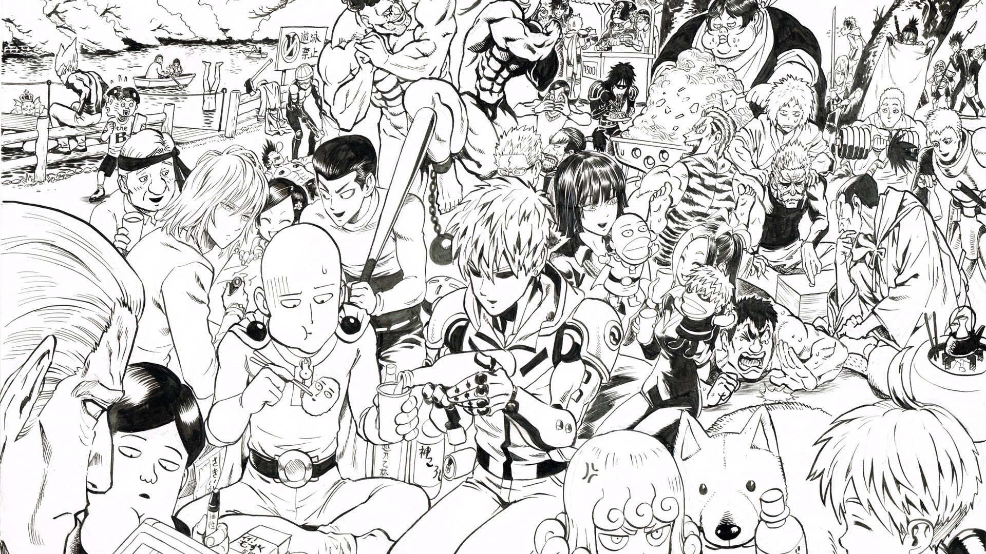 黑白线稿密集人物户外聚餐手绘插画