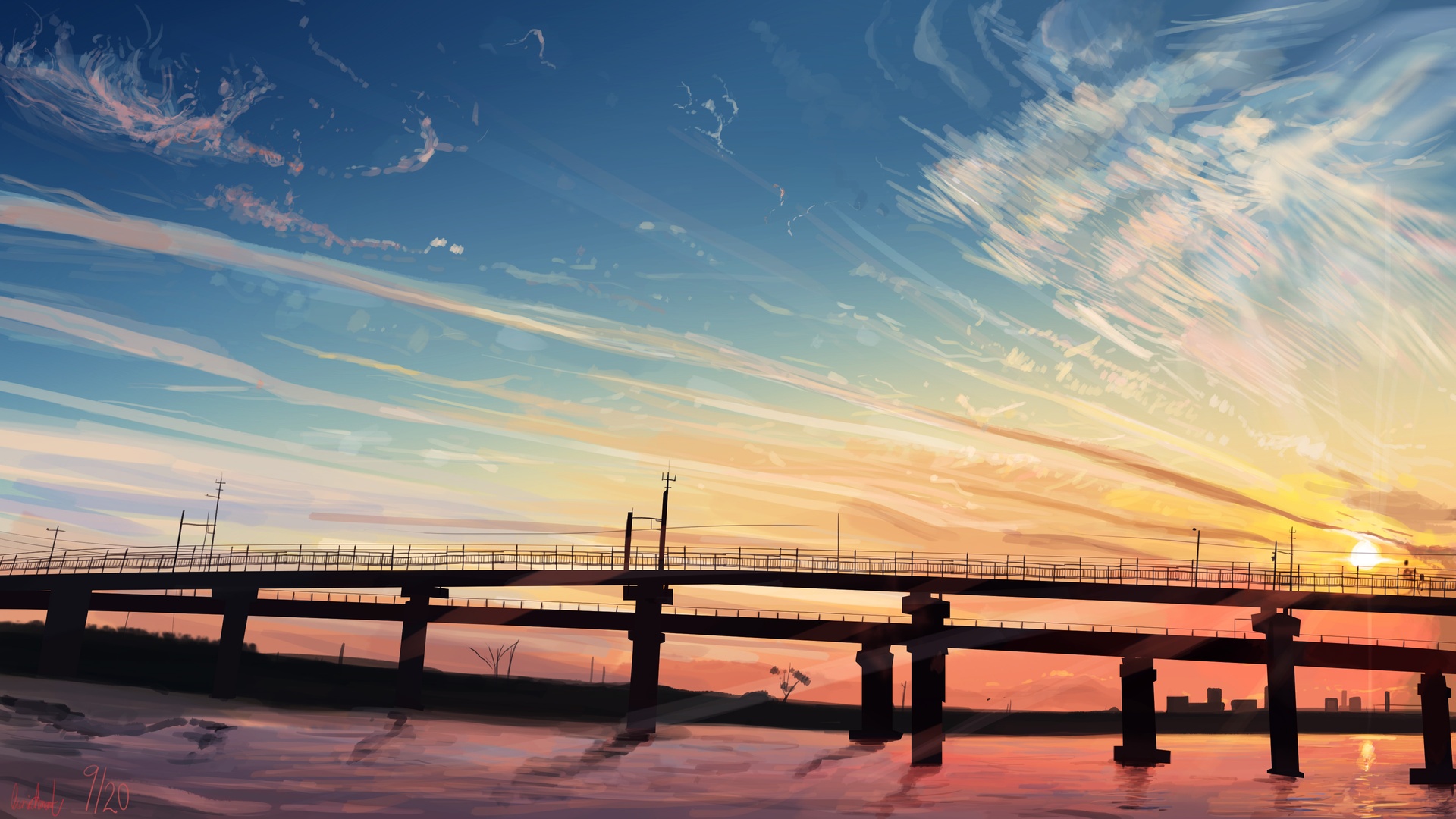 二次元插画风格的日落海景画面，暖橙到藏蓝渐变的天空下，黑色跨河铁路桥剪影横亘水面，水面倒映着日落霞光。