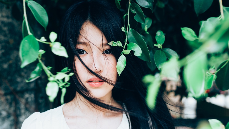 亚洲女孩 黑发 树林 叶子 4K美女壁纸壁纸