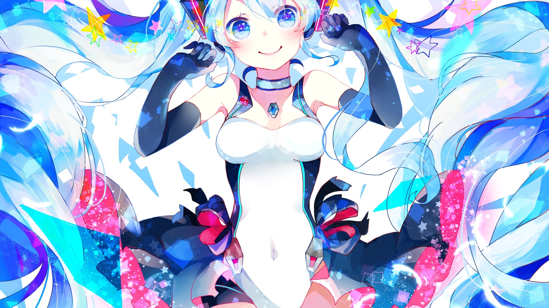 日系二次元插画，蓝白渐变超长双马尾的初音未来居于画面中央，散落浅蓝、亮粉、明黄色装饰与彩色星形元素，背景为亮白星空。
