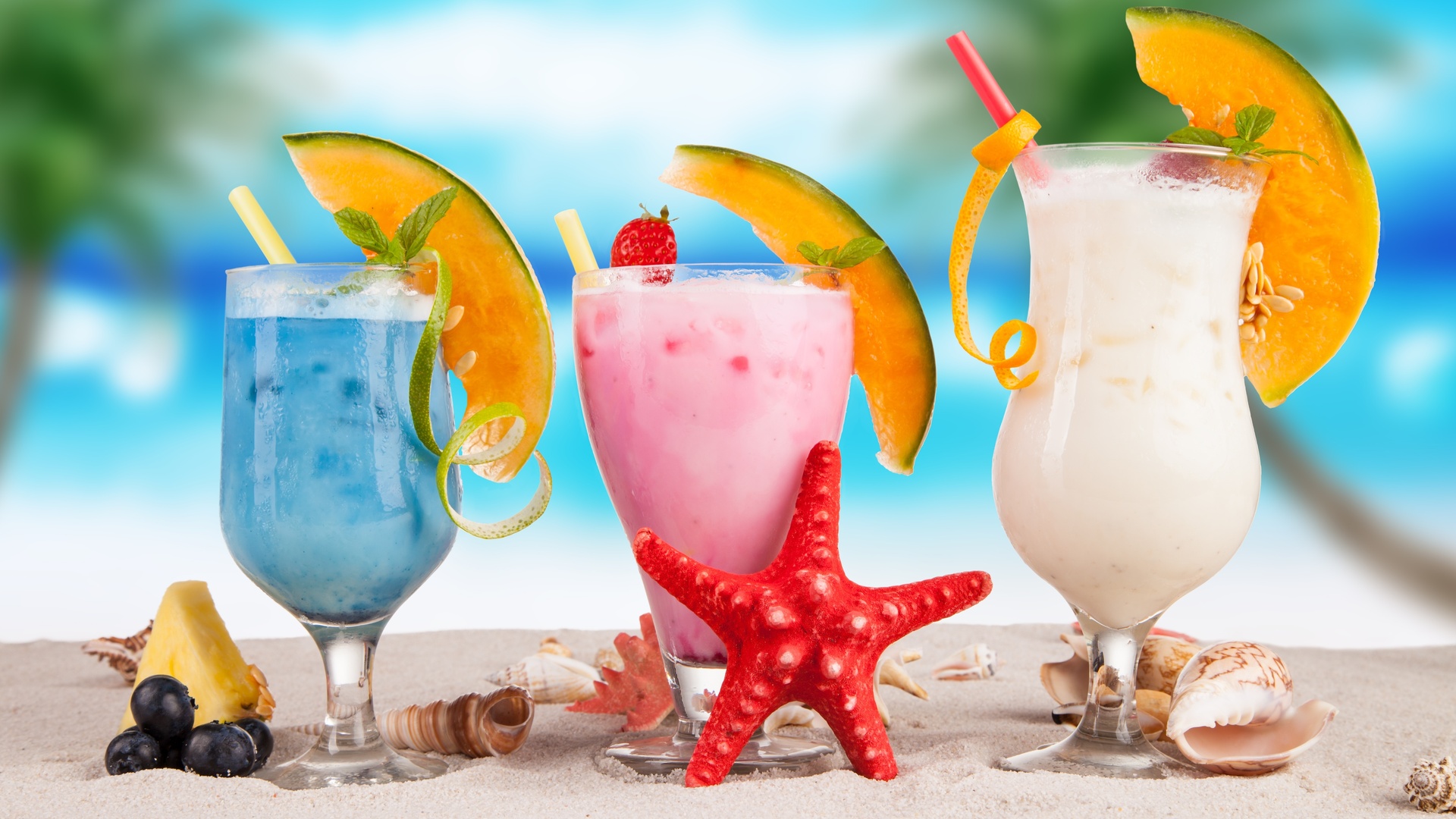 美食 夏季 热带 海滩 水果 饮料 鸡尾酒 新鲜水果壁纸