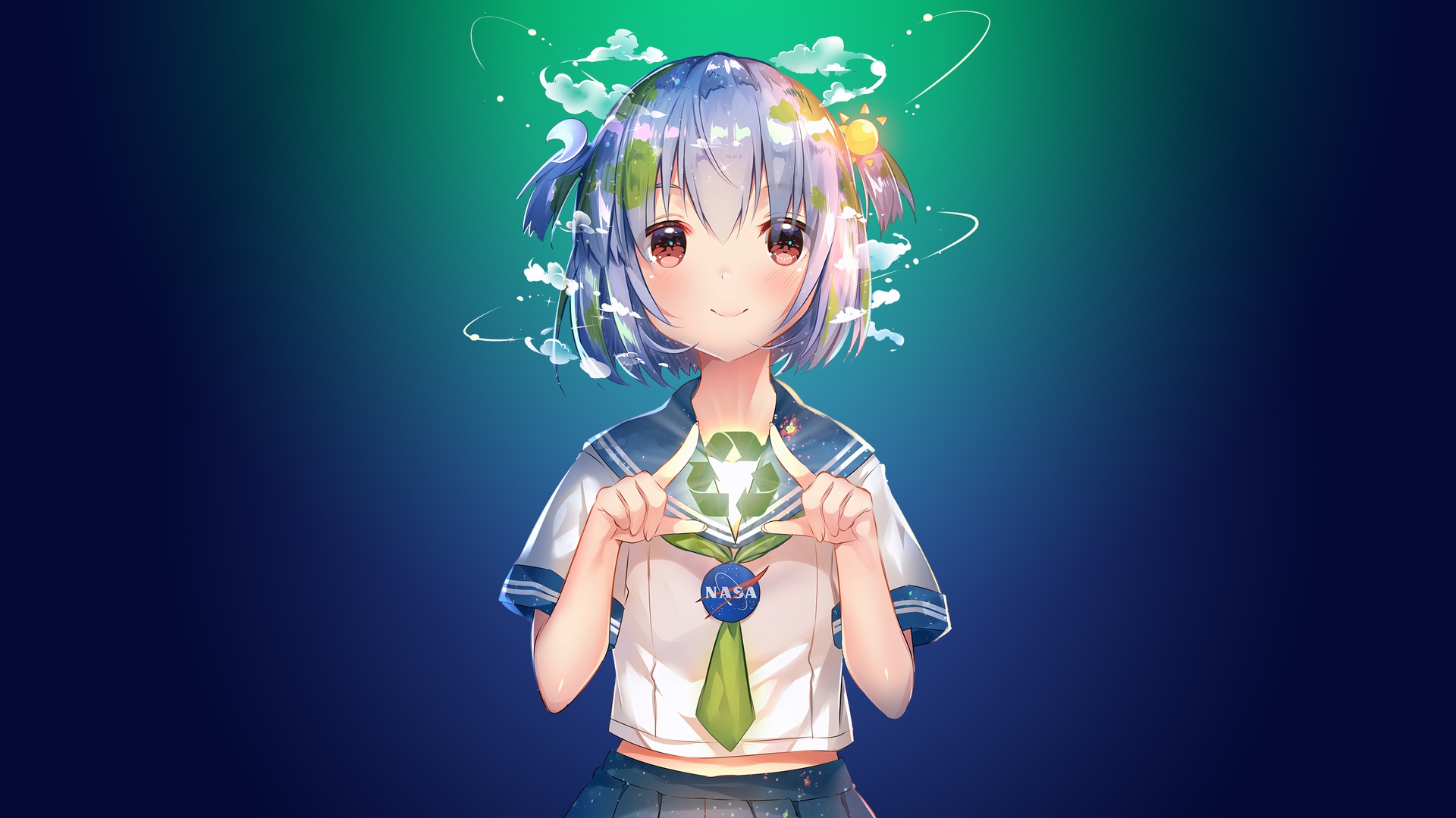 身着白蓝水手服、系绿领带的地球娘，头发融合陆地、云层与日月元素，位于蓝绿径向渐变的干净背景中。