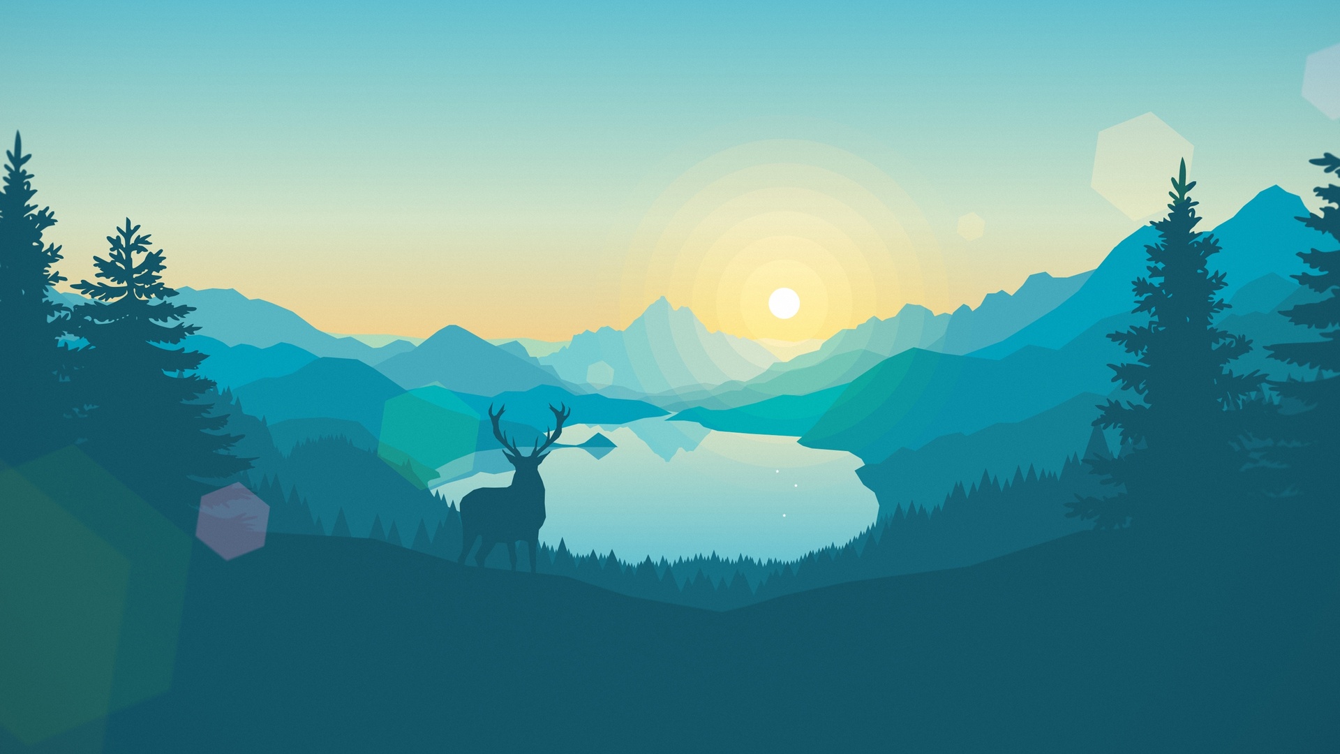 扁平渐变风格山湖日出插画，前景雄鹿剪影立于针叶林前，层叠远山与湖泊铺展，太阳悬于远山之间。