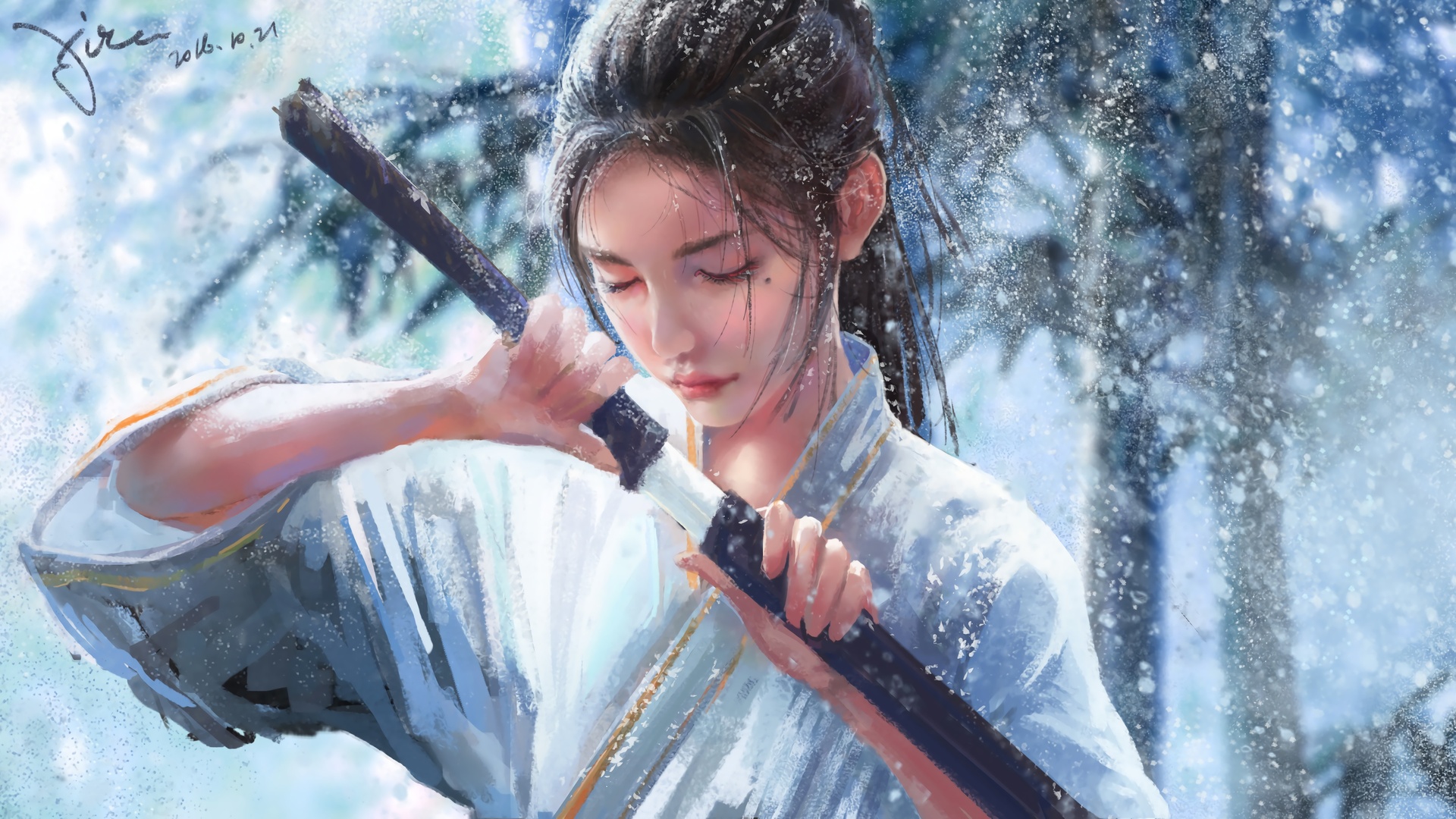 冷蓝调雪景背景下，束发古装少女半蹲持刀，身后可见覆雪的竹丛轮廓，雪幕弥漫。