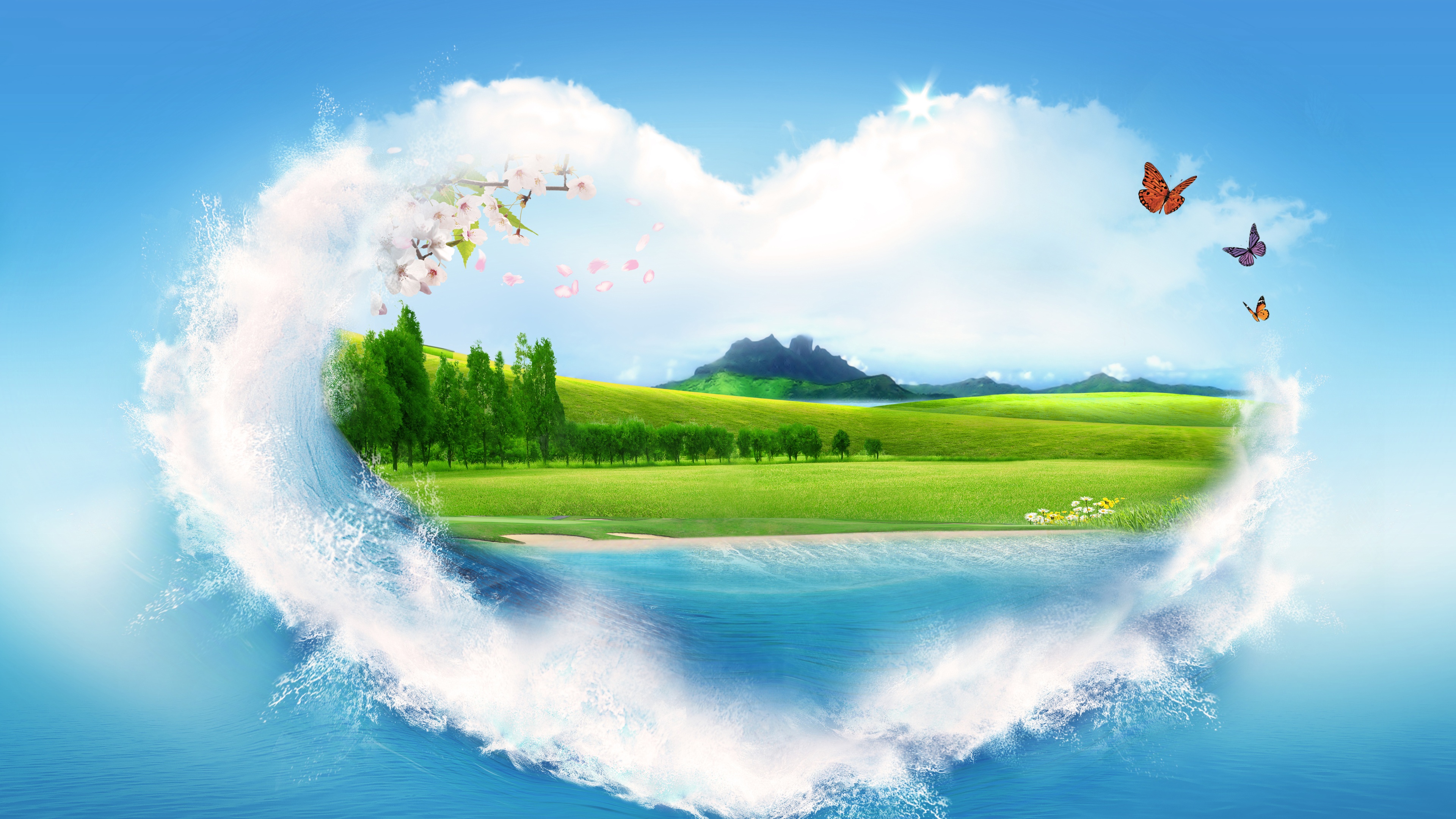 心形爱心山水风景画蝴蝶创意5k风景图片壁纸