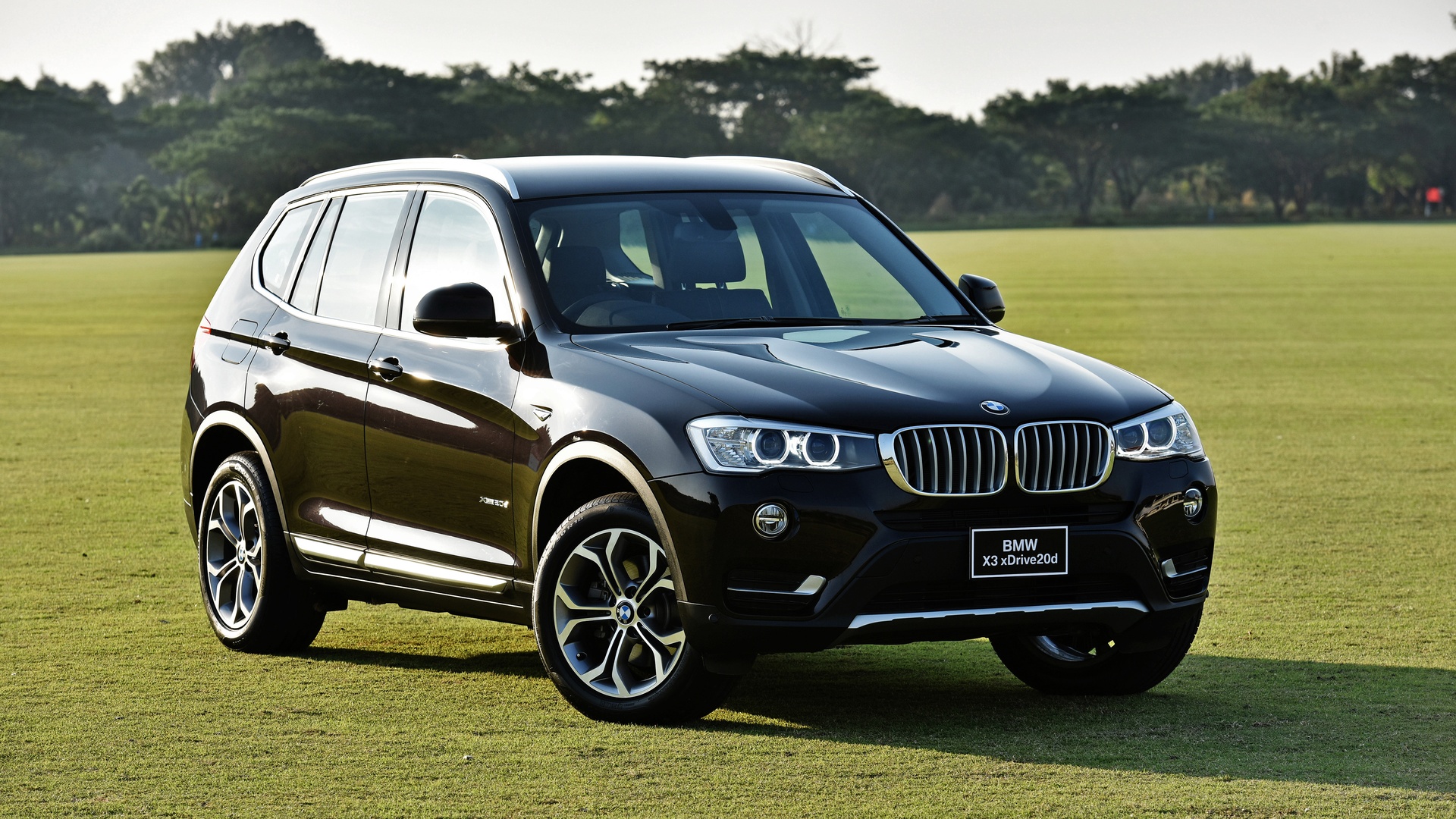 一辆黑色宝马X3 xDrive20d SUV停在翠绿草坪上，车身带亮银色镀铬饰条，背景是成片茂密树林，整体为写实摄影风格。