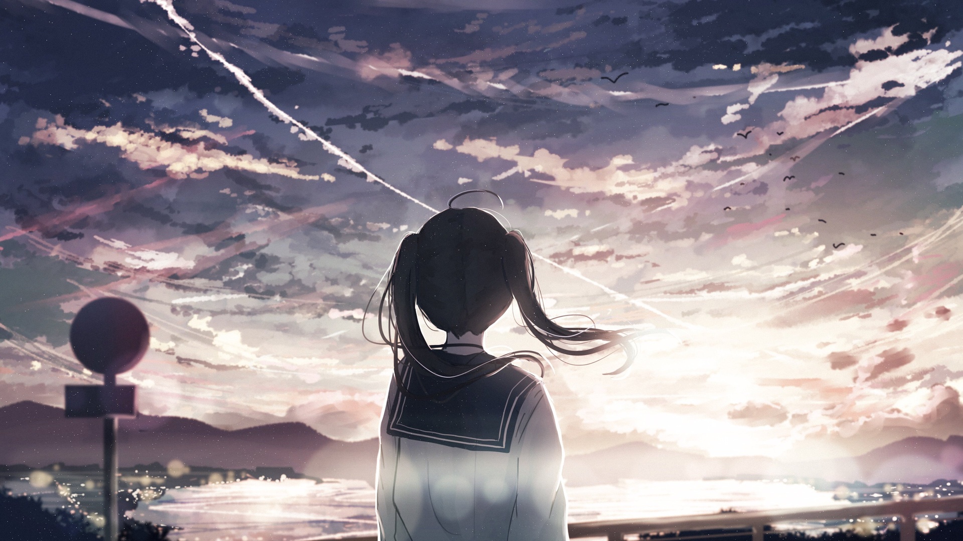穿水手服的双马尾少女背对镜头站在海边观景台，望向布满流星尾迹的紫蓝粉橙渐变黄昏天空与远方海面。