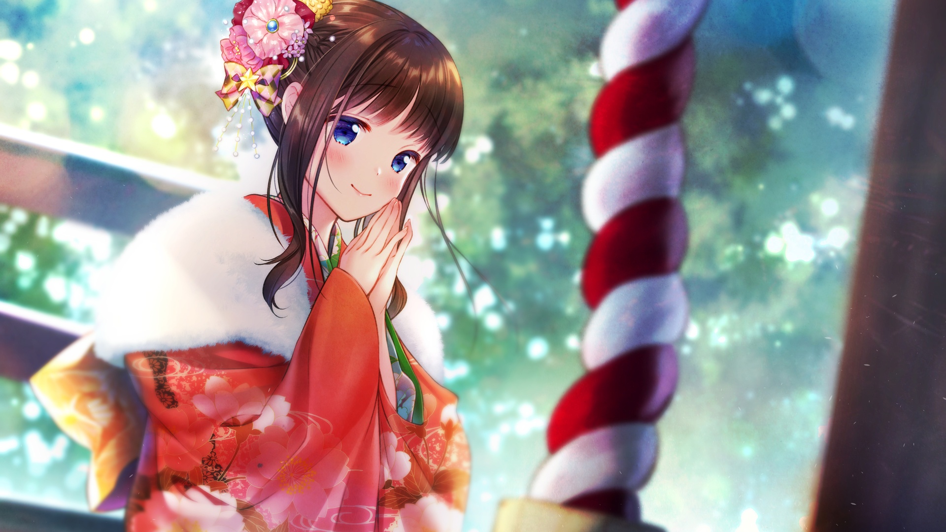 穿印花红色和服的棕发少女立于林间，旁侧有红白螺旋柱