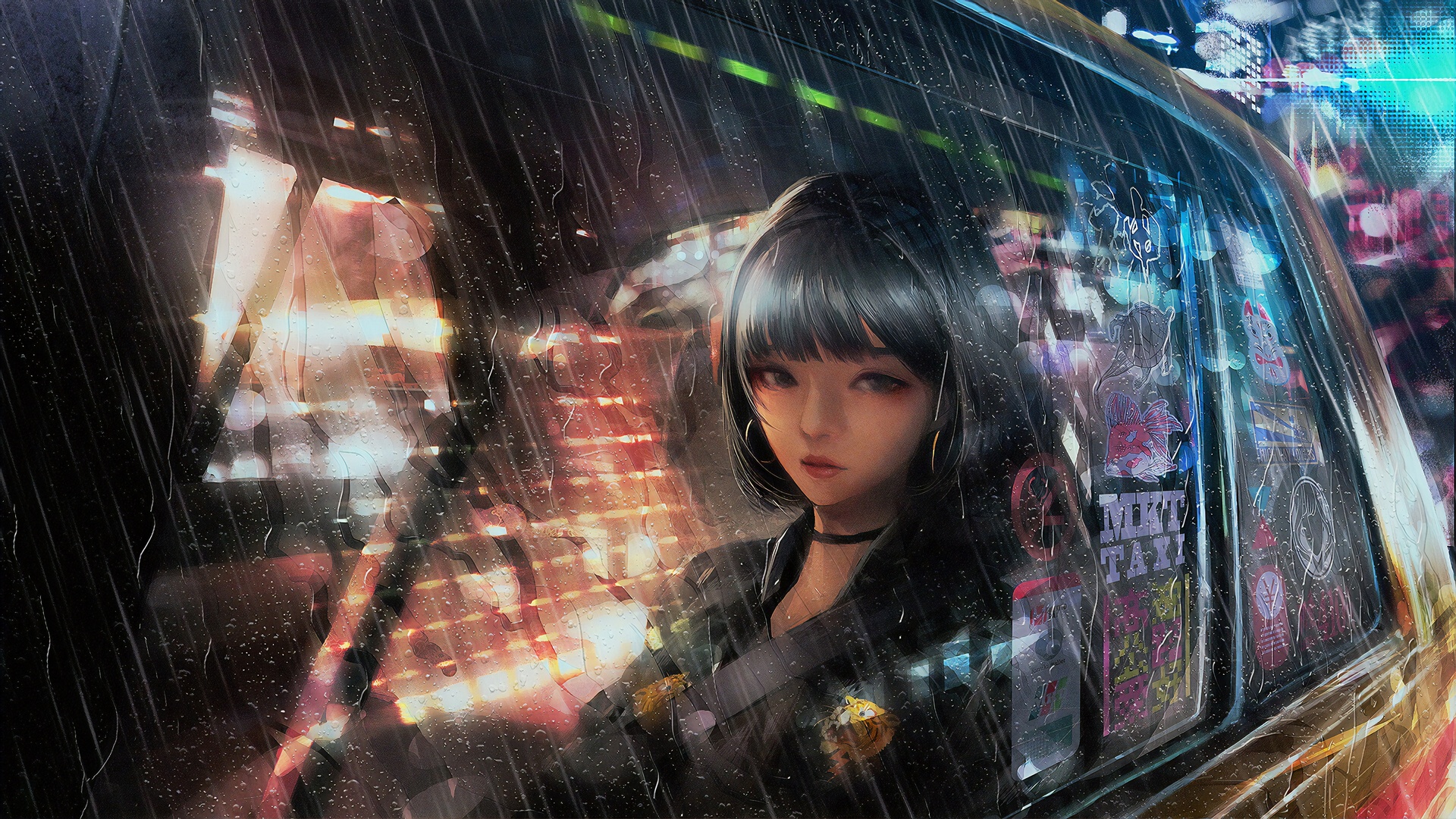 雨夜出租车内的齐刘海短发少女，车窗布满雨痕，霓虹光斑晕染