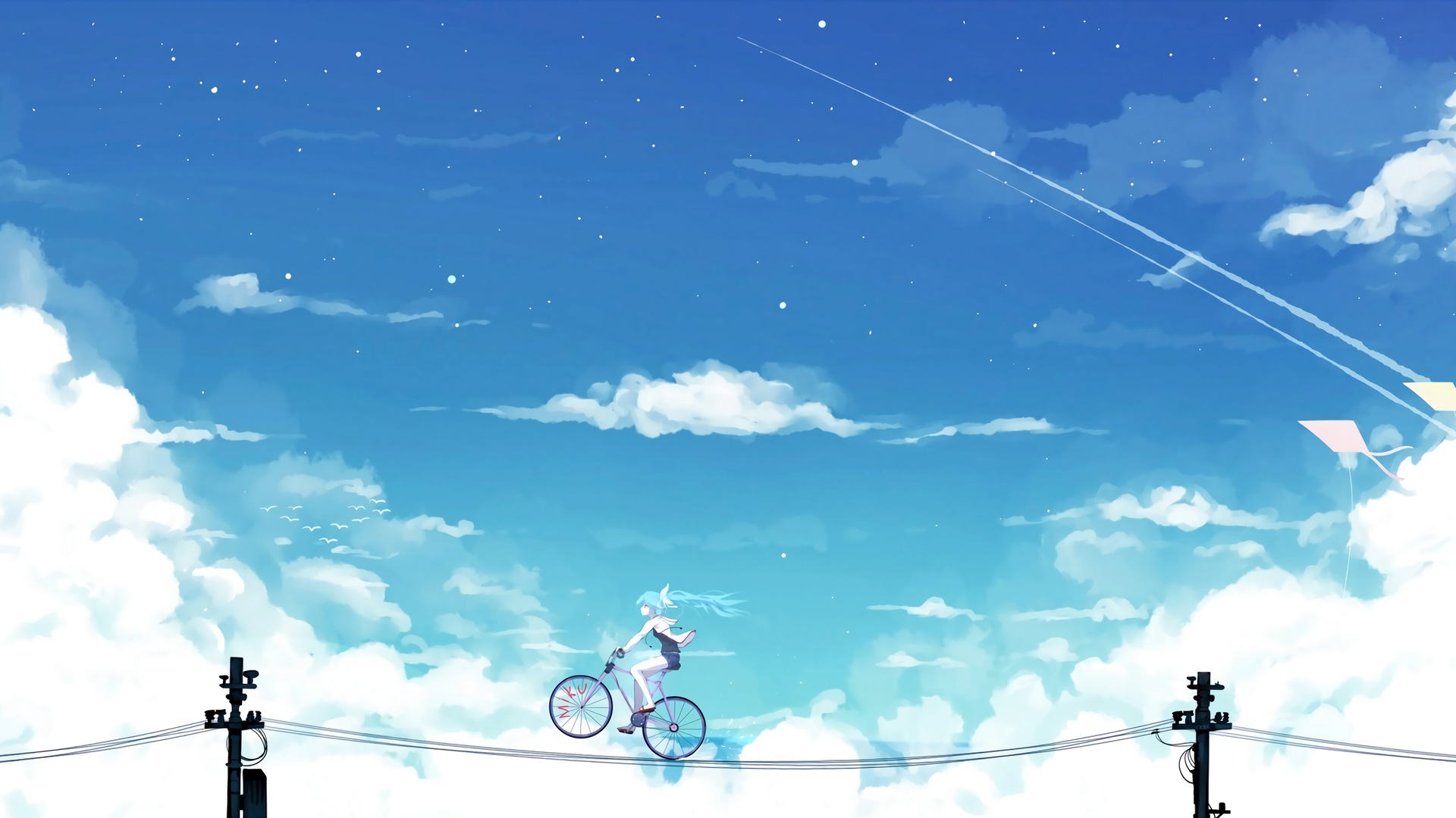 二次元插画，初音未来骑行淡紫色单车在高空架空电线上，背景是青蓝色渐变晴空与蓬松白云，整体风格清新治愈